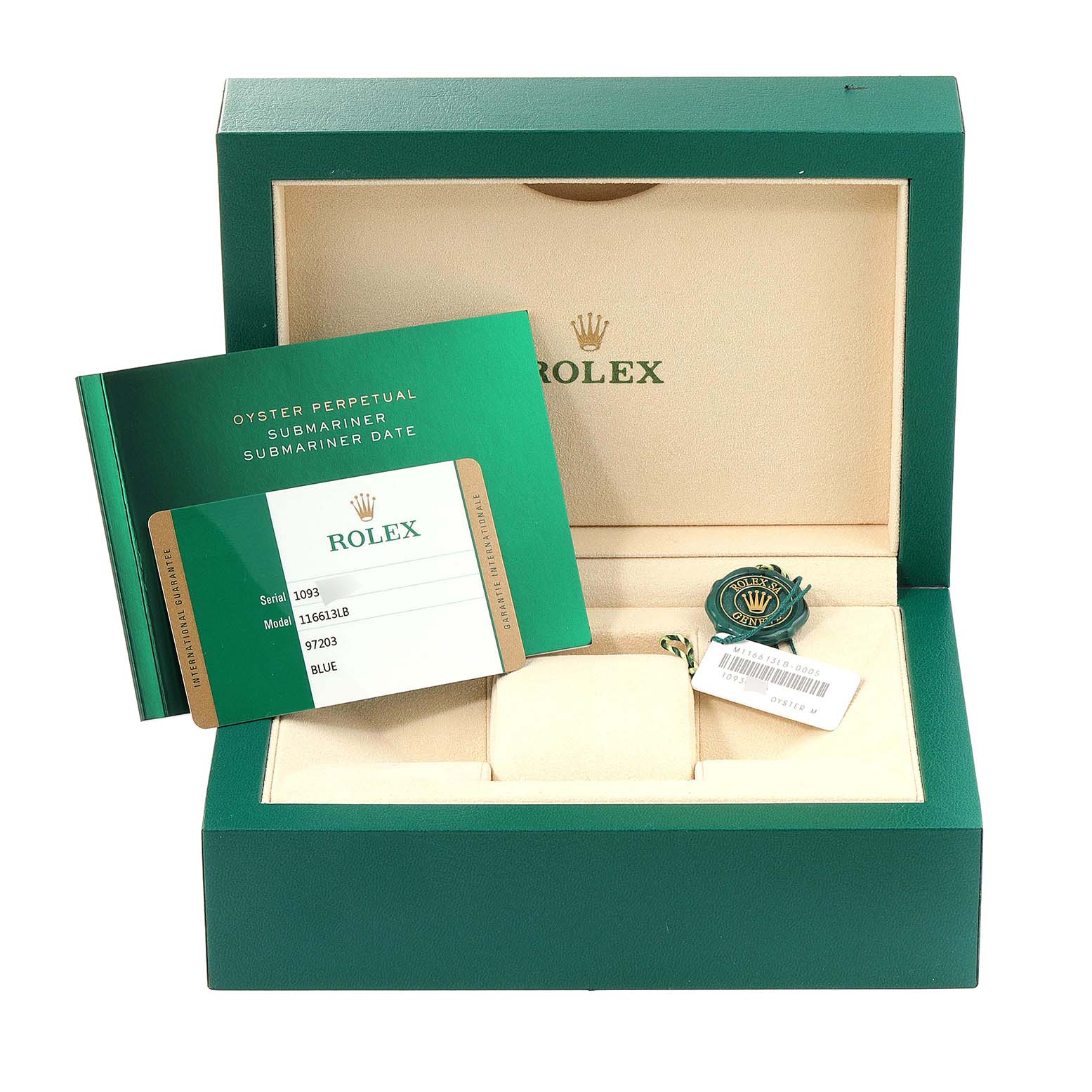 The image shows a Rolex Submariner 116613 Men's Steel and Gold (two tone) Blue Dial 116613 Men's Steel and Gold (two tone) Blue Dial watch box with the warranty card, tags, and booklet inside.