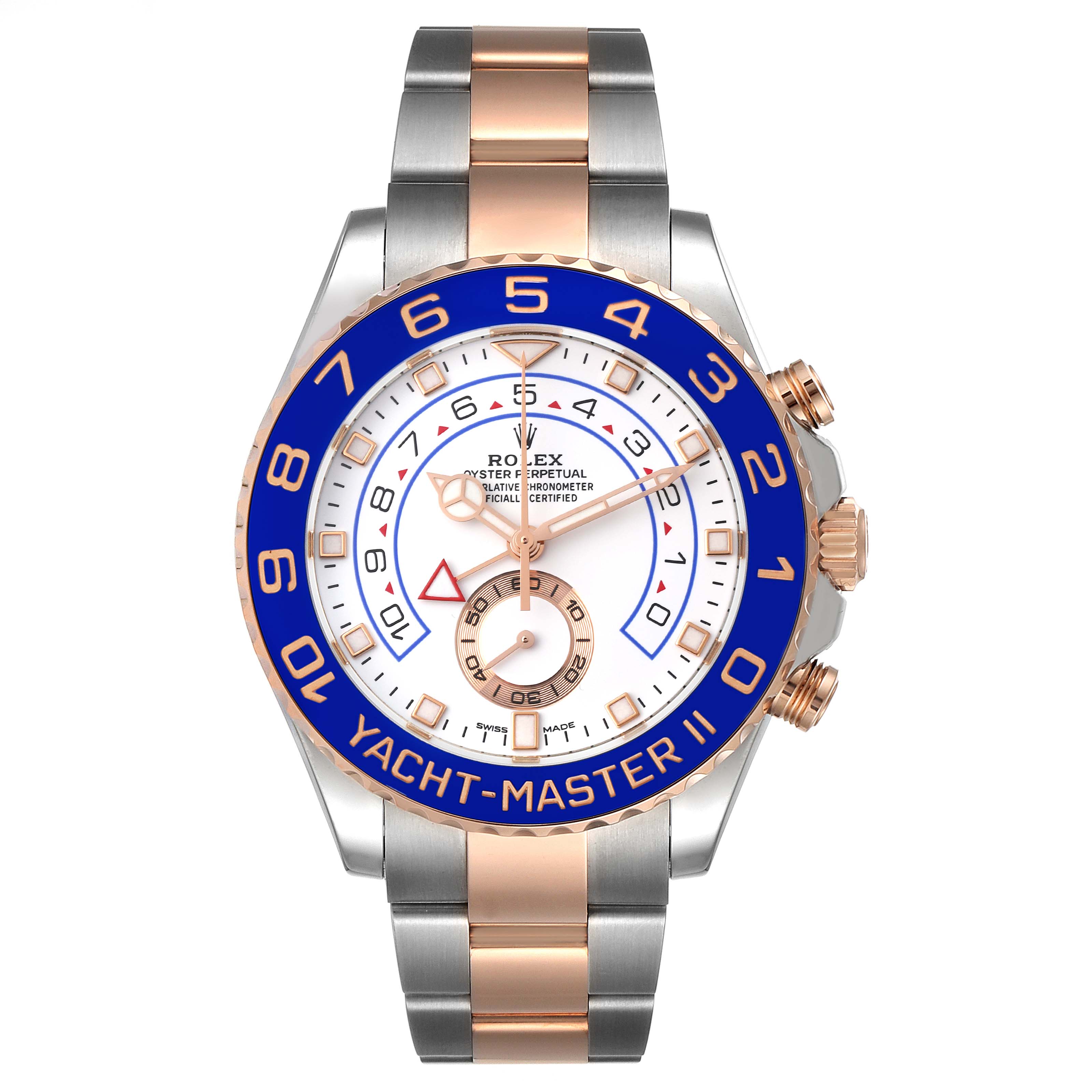This image shows the front view of a Rolex Yacht-Master 116681 Men
s Steel and Gold (two tone) White Dial 116681 Men
s Steel and Gold (two tone) White Dial watch, highlighting its face, bezel, and bracelet.