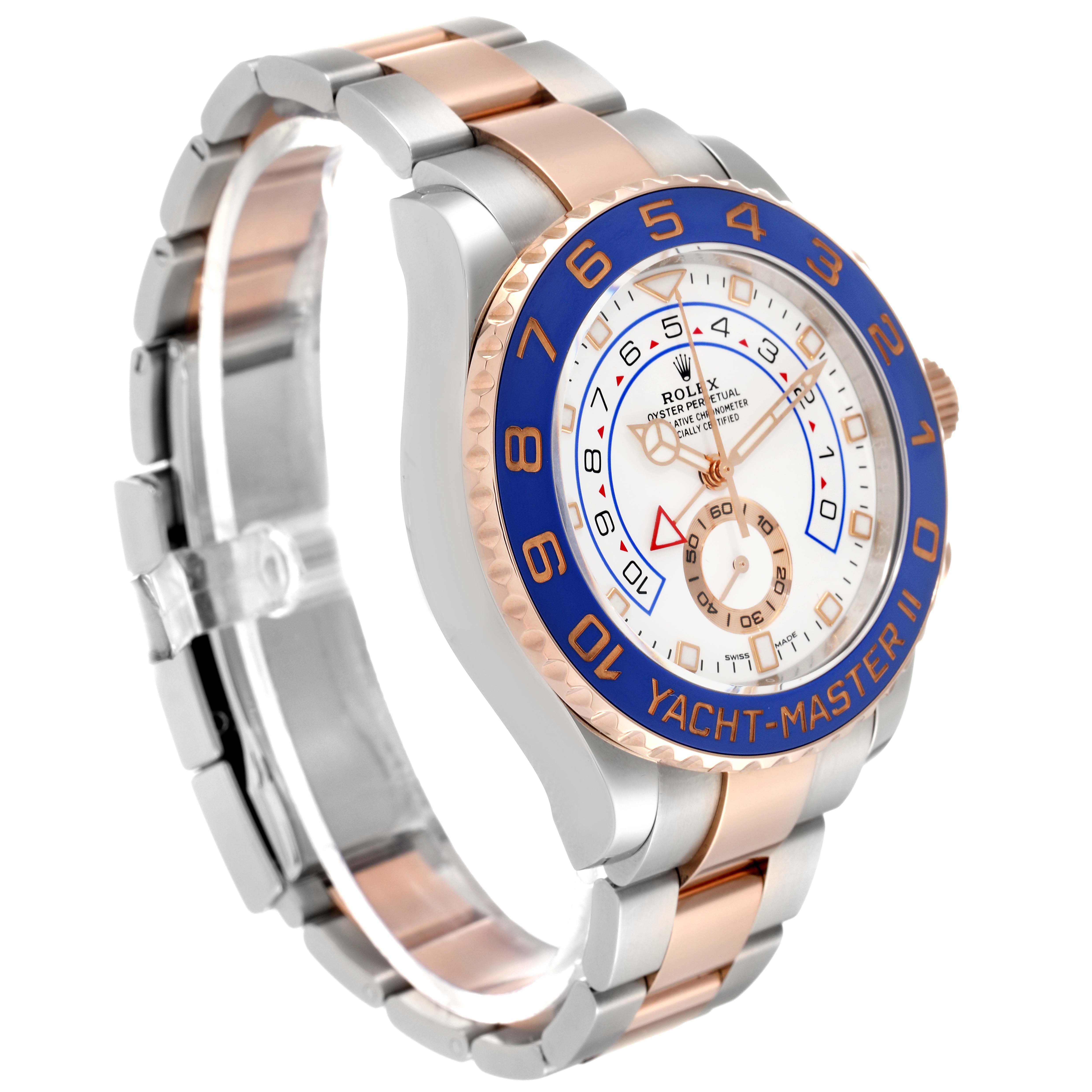 The Rolex Yacht-Master 116681 Men
s Steel and Gold (two tone) White Dial 116681 Men
s Steel and Gold (two tone) White Dial watch is shown at a three-quarter angle, highlighting its face, bezel, and bracelet.