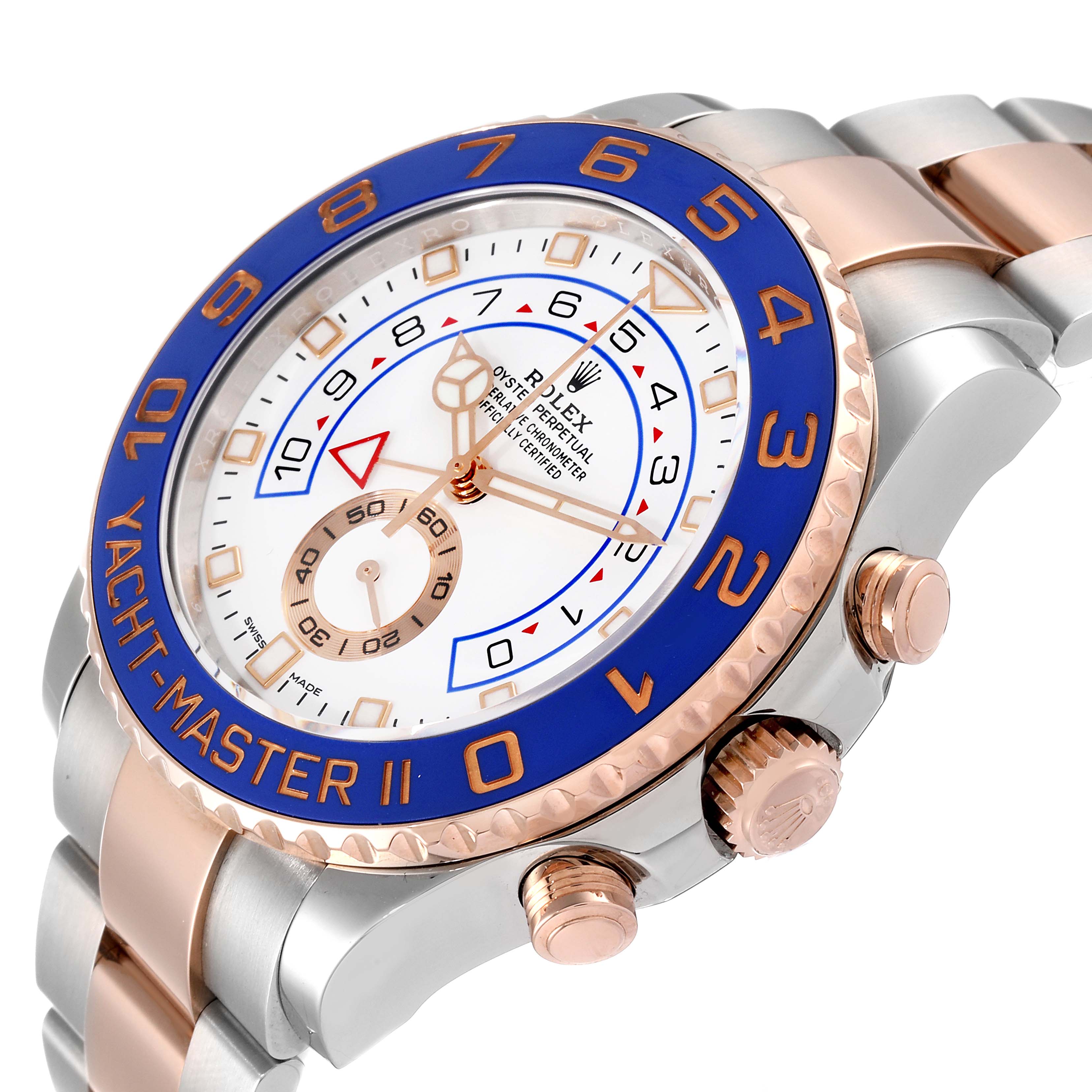 The Rolex Yacht-Master 116681 Men
s Steel and Gold (two tone) White Dial 116681 Men
s Steel and Gold (two tone) White Dial watch is shown from an angle highlighting the face, bezel, and part of the band.