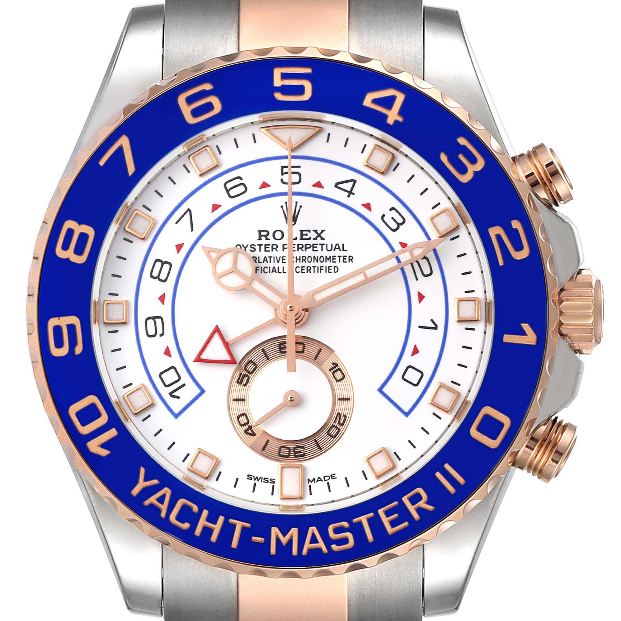 The image shows a straight-on view of a Rolex Yacht-Master 116681 Men
s Steel and Gold (two tone) White Dial 116681 Men
s Steel and Gold (two tone) White Dial II watch featuring a blue bezel and white dial.