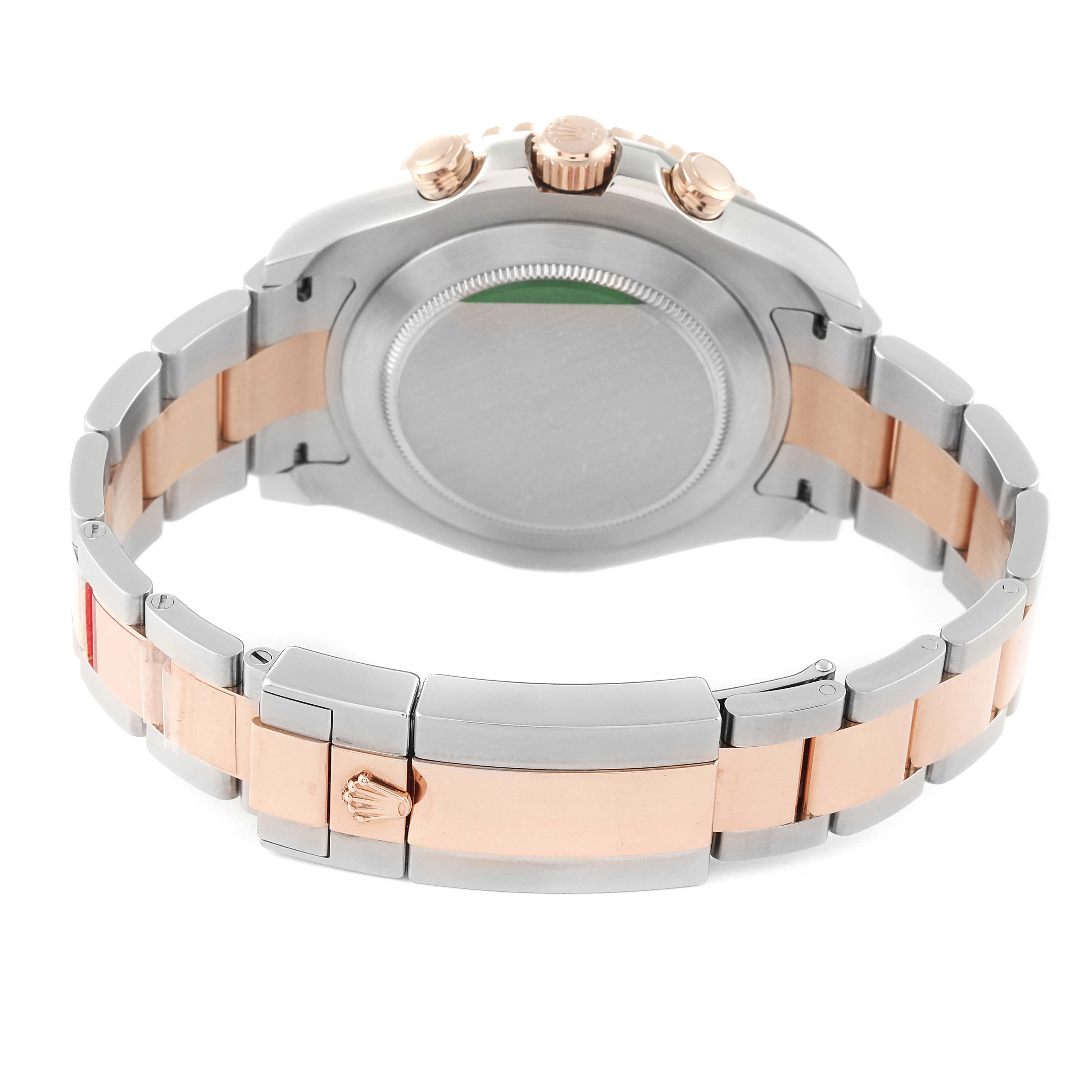 This is a rear view of a Rolex Yacht-Master 116681 Men
s Steel and Gold (two tone) White Dial 116681 Men
s Steel and Gold (two tone) White Dial watch, showing the case back, bracelet, and clasp.