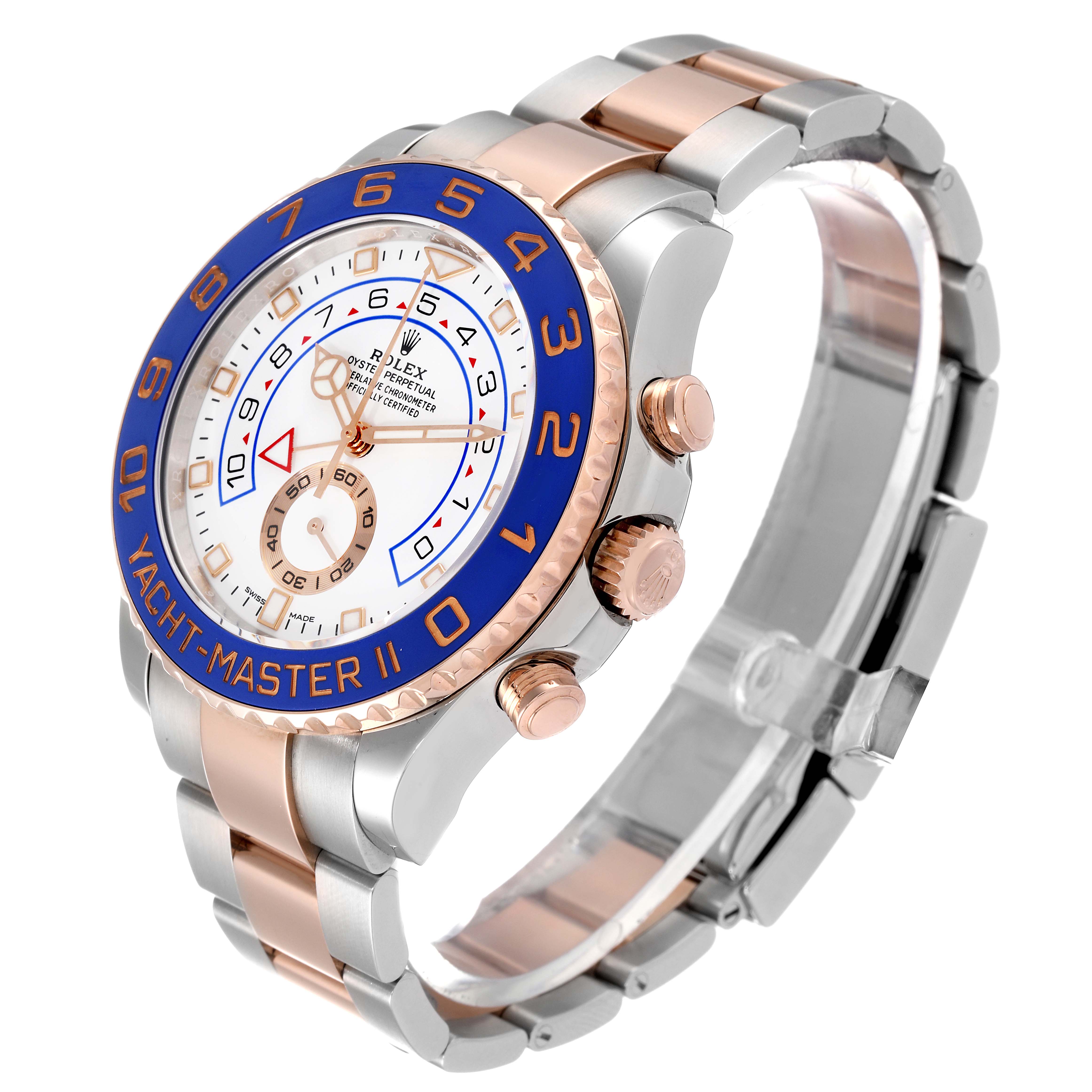 The Rolex Yacht-Master 116681 Men
s Steel and Gold (two tone) White Dial 116681 Men
s Steel and Gold (two tone) White Dial II watch is shown at a three-quarter angle, highlighting the face, bezel, crown, and bracelet.