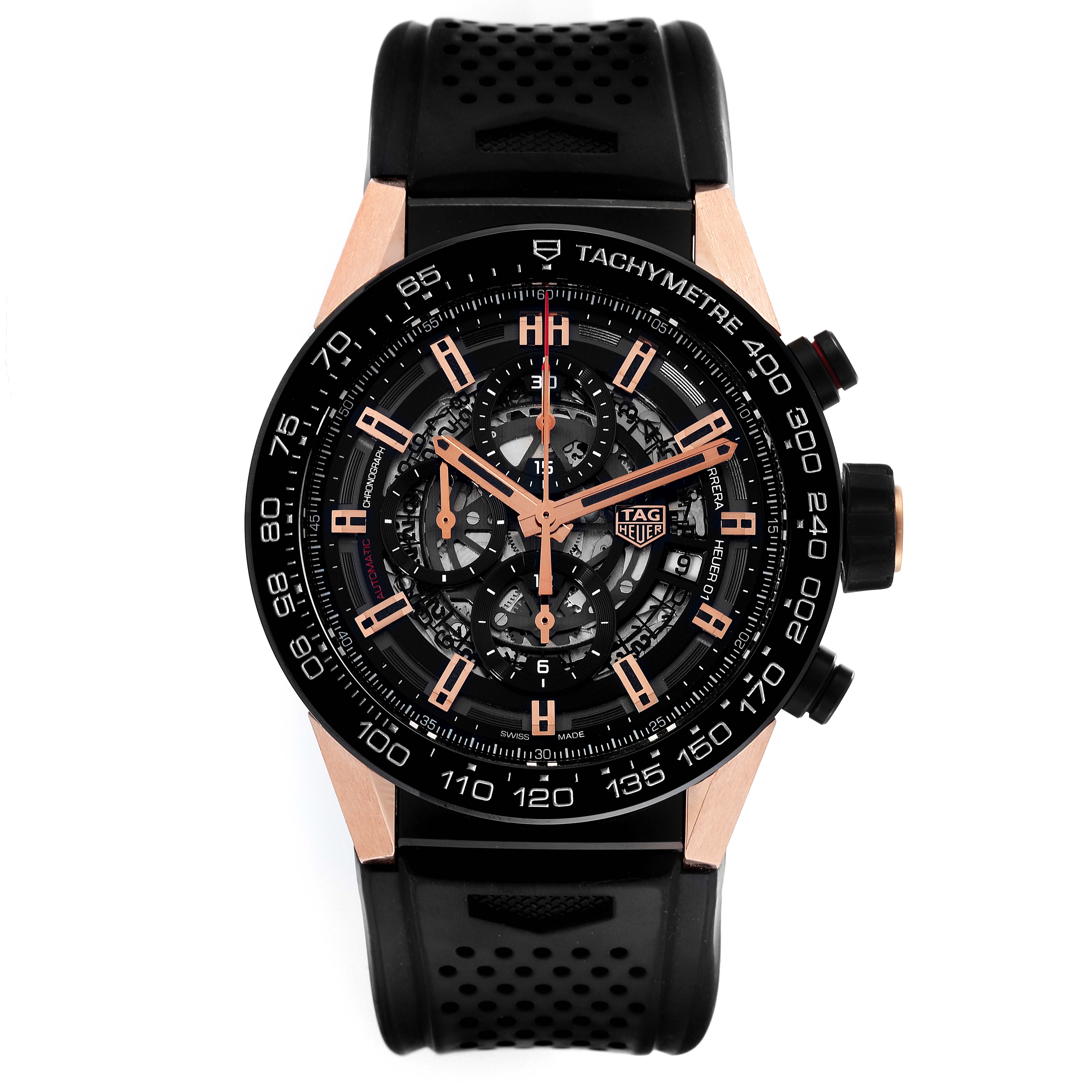 This Tag Heuer Carrera CAR2A5A.FT6044 Men's Titanium Black Dial CAR2A5A.FT6044 Men's Titanium Black Dial model watch is shown from a front angle, displaying the face, bezel, and strap.