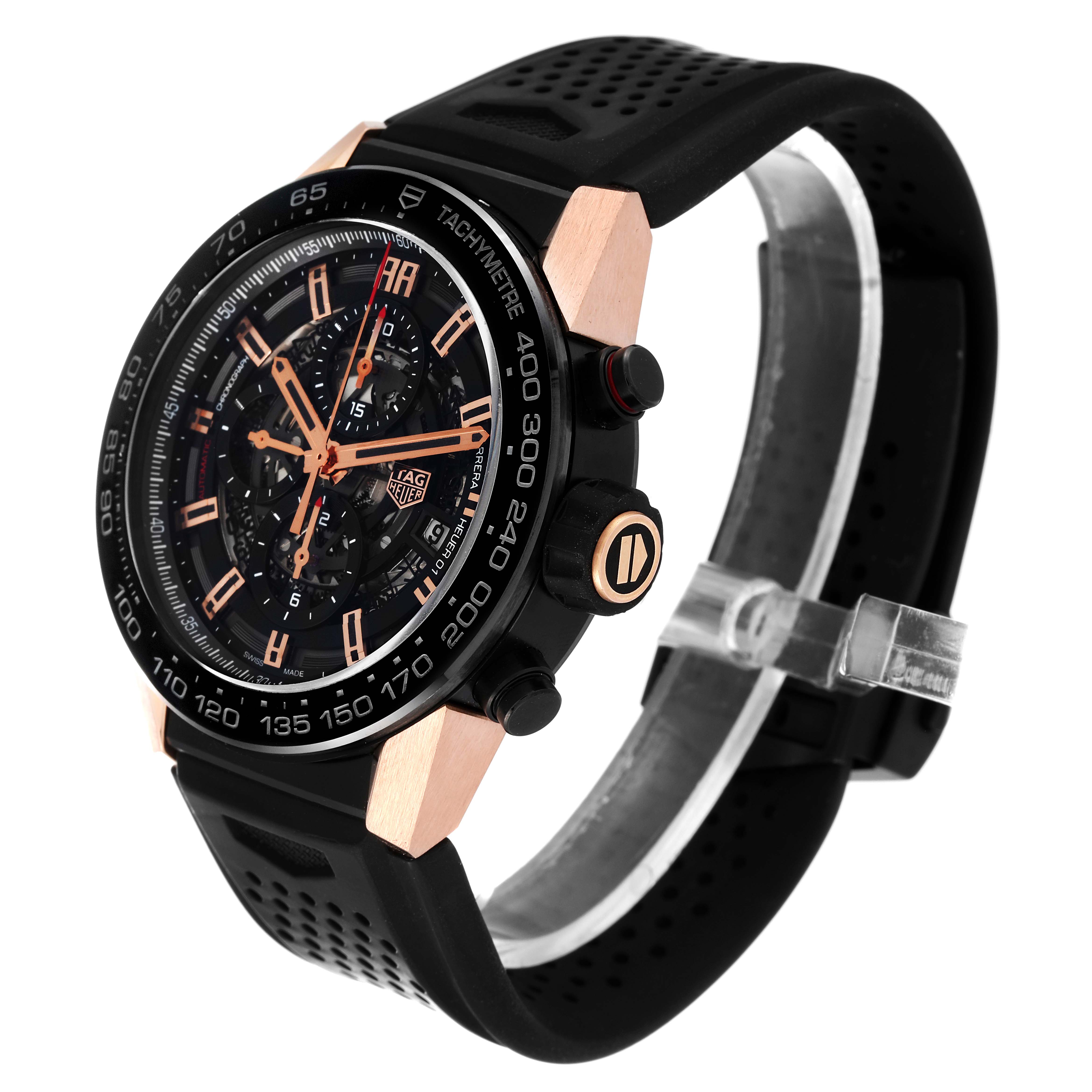 This image shows a side angle of a Tag Heuer Carrera CAR2A5A.FT6044 Men's Titanium Black Dial CAR2A5A.FT6044 Men's Titanium Black Dial watch, highlighting its dial, bezel, crown, and strap.