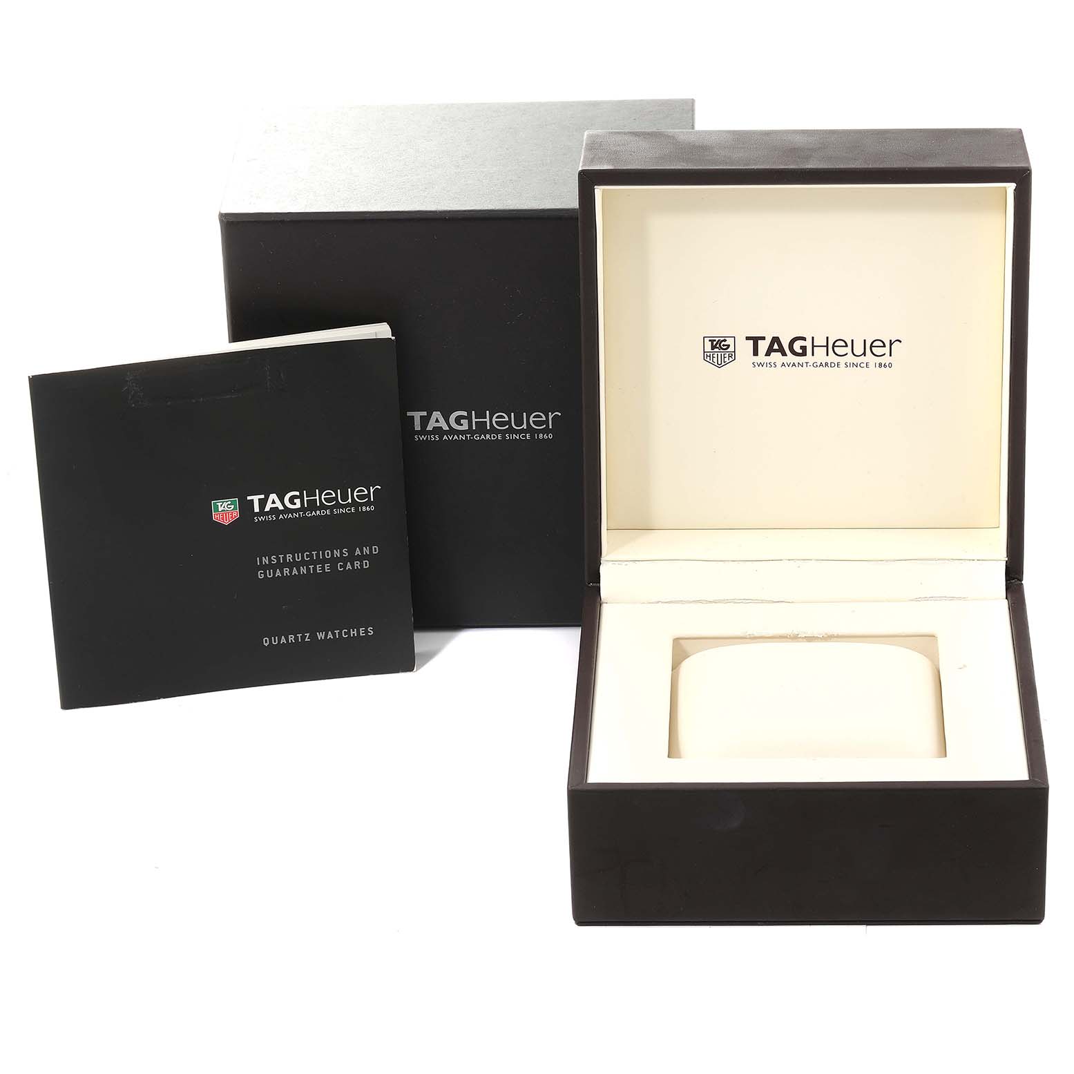 The image shows the Tag Heuer Carrera CAR2A5A.FT6044 Men's Titanium Black Dial CAR2A5A.FT6044 Men's Titanium Black Dial watch box, its outer box, and the instruction and guarantee card booklet.