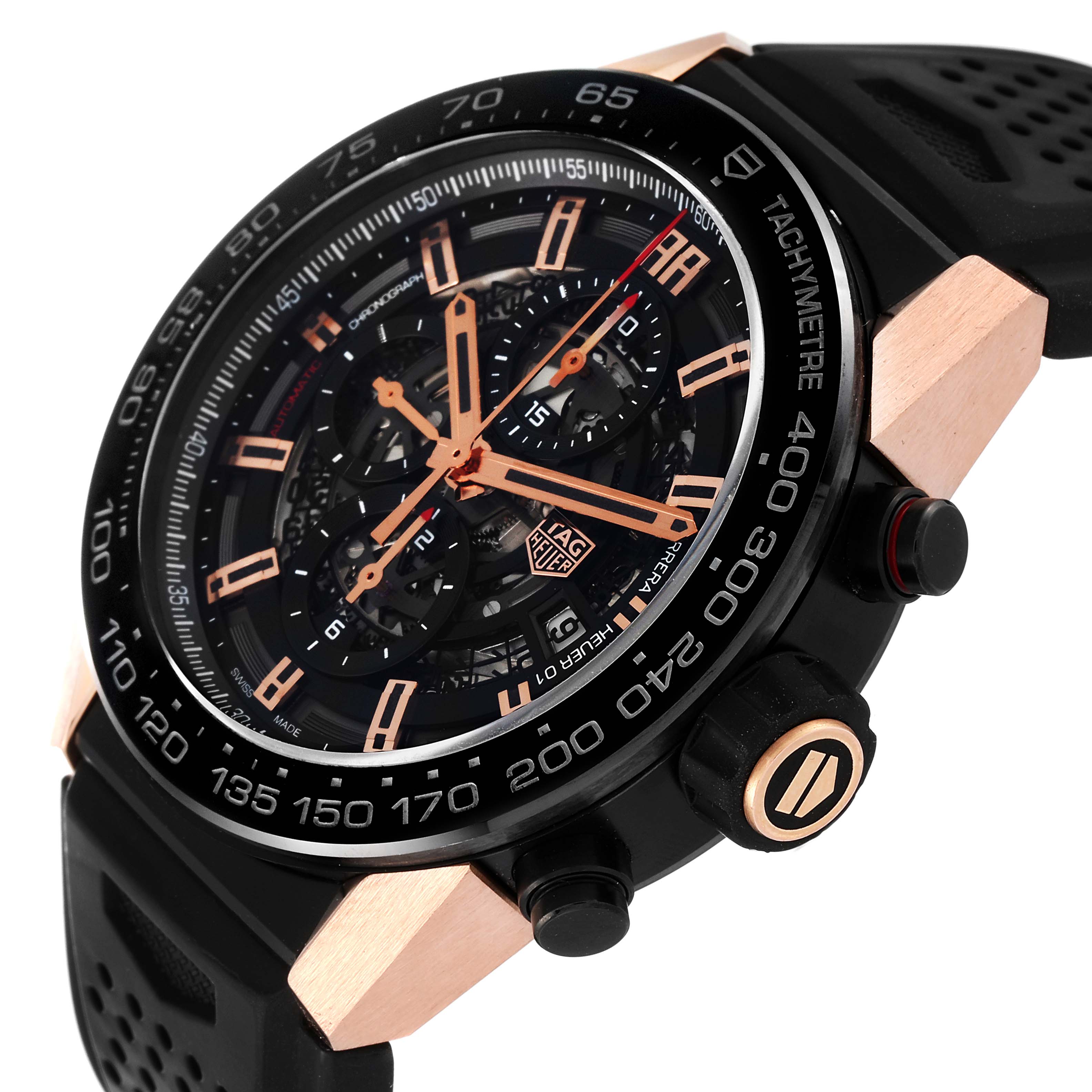 This image shows a close-up angle of the Tag Heuer Carrera CAR2A5A.FT6044 Men's Titanium Black Dial CAR2A5A.FT6044 Men's Titanium Black Dial watch, highlighting the dial, bezel, and part of the strap.