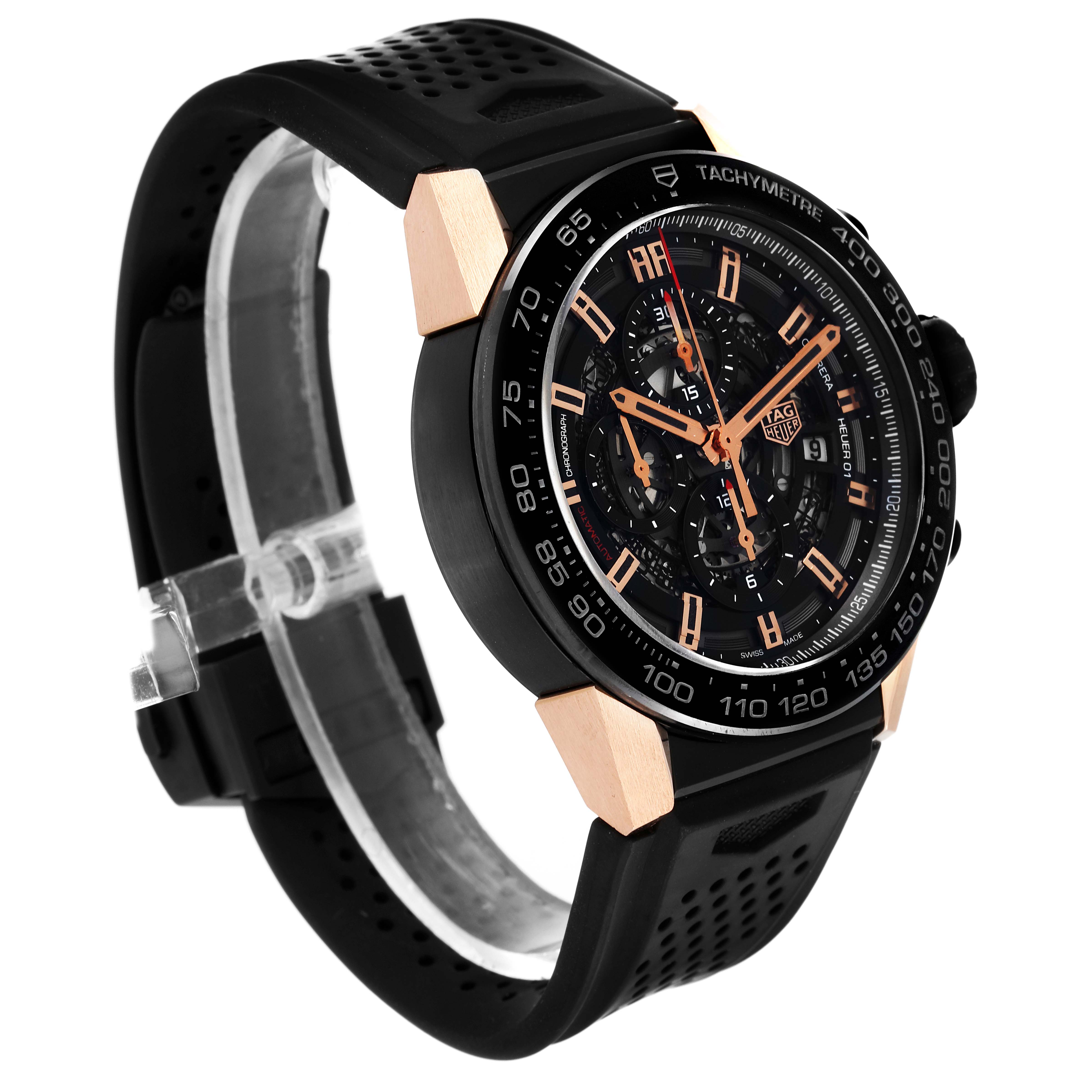 This image shows a Tag Heuer Carrera CAR2A5A.FT6044 Men's Titanium Black Dial CAR2A5A.FT6044 Men's Titanium Black Dial model watch at an angle highlighting the face, bezel, and black strap.