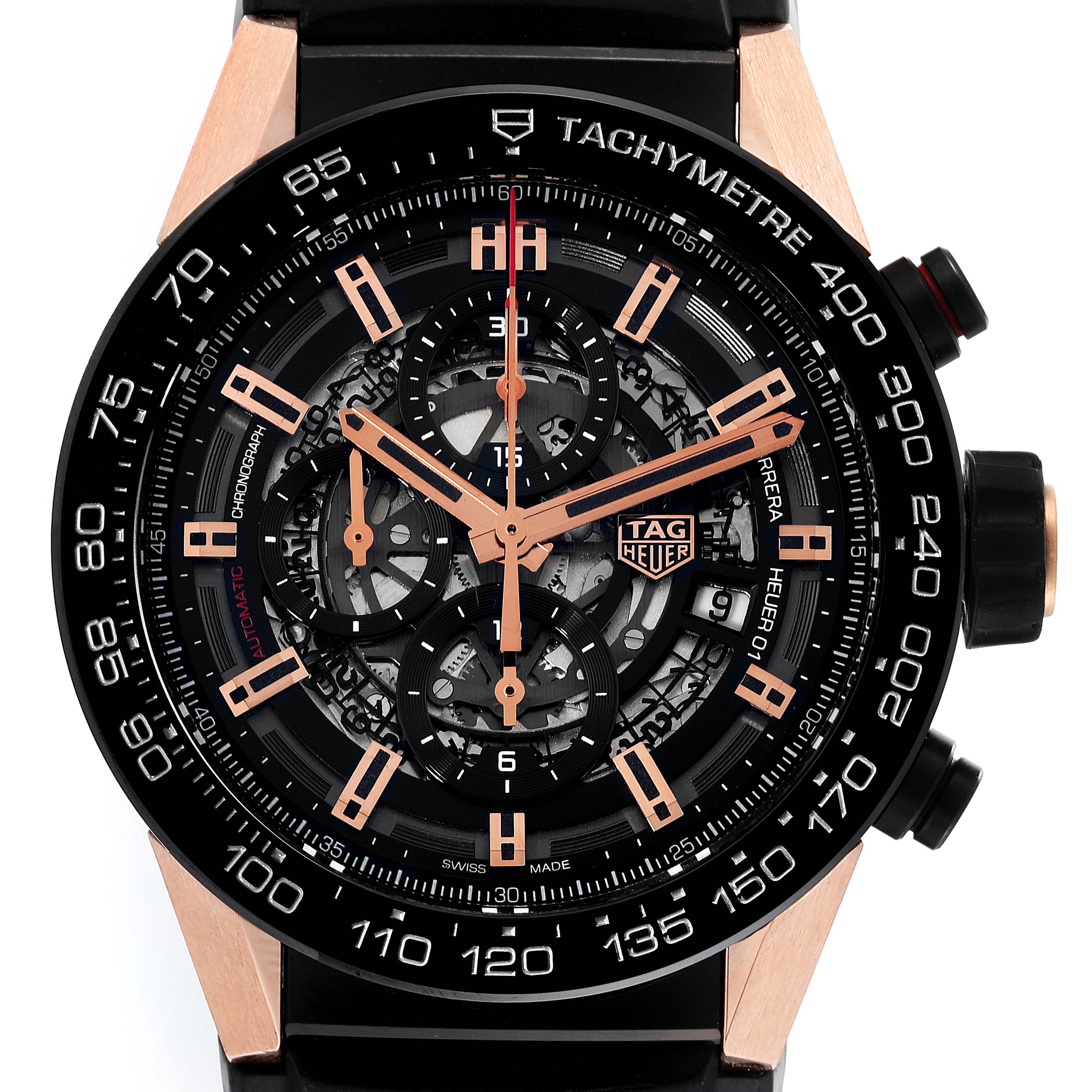 Front view of the Tag Heuer Carrera CAR2A5A.FT6044 Men's Titanium Black Dial CAR2A5A.FT6044 Men's Titanium Black Dial watch showing the dial, hands, subdials, and tachymeter.