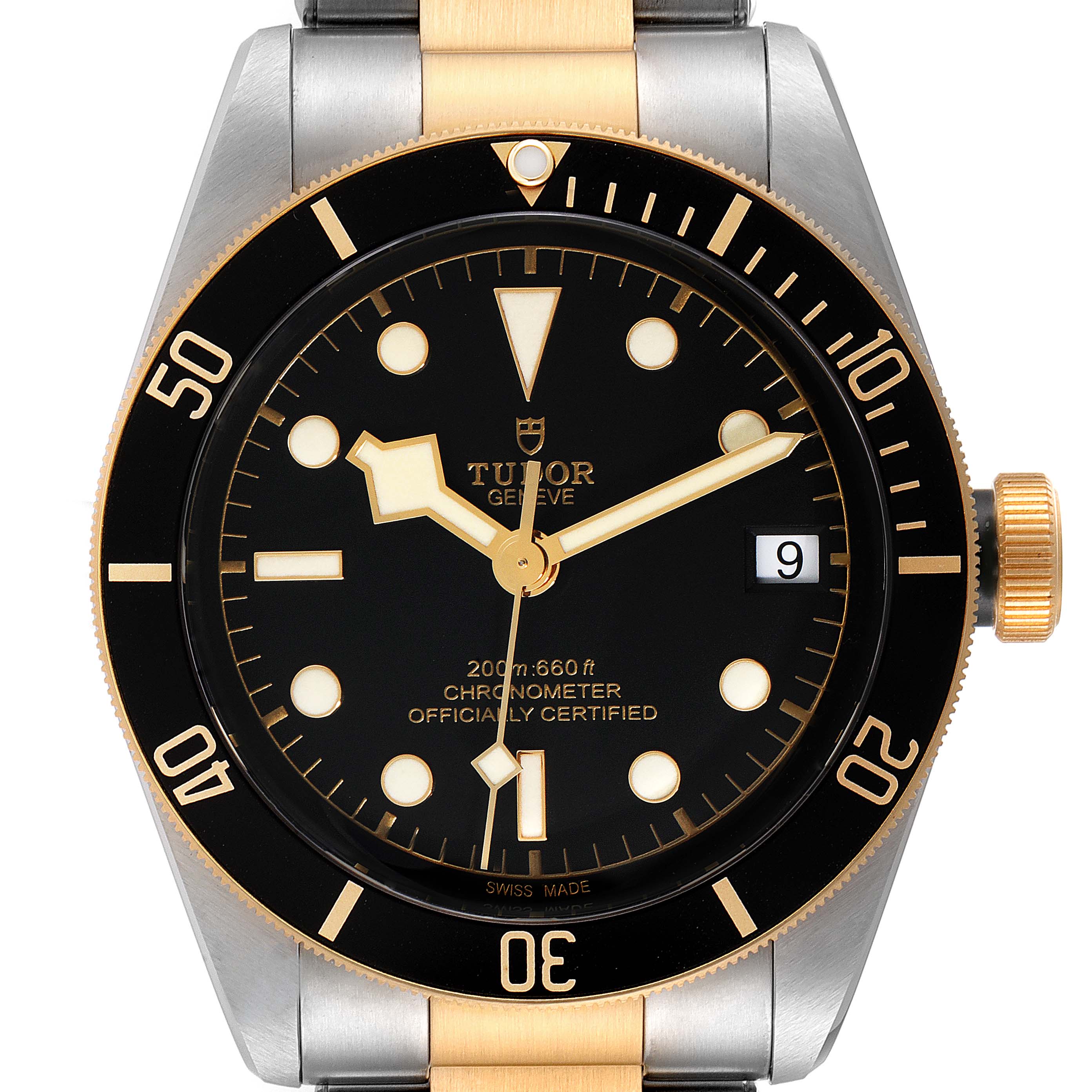 The image shows a frontal view of a Tudor Heritage Black Bay 79733 Men's Steel and Gold (two tone) Black Dial 79733 Men's Steel and Gold (two tone) Black Dial watch, featuring its dial, bezel, and crown.