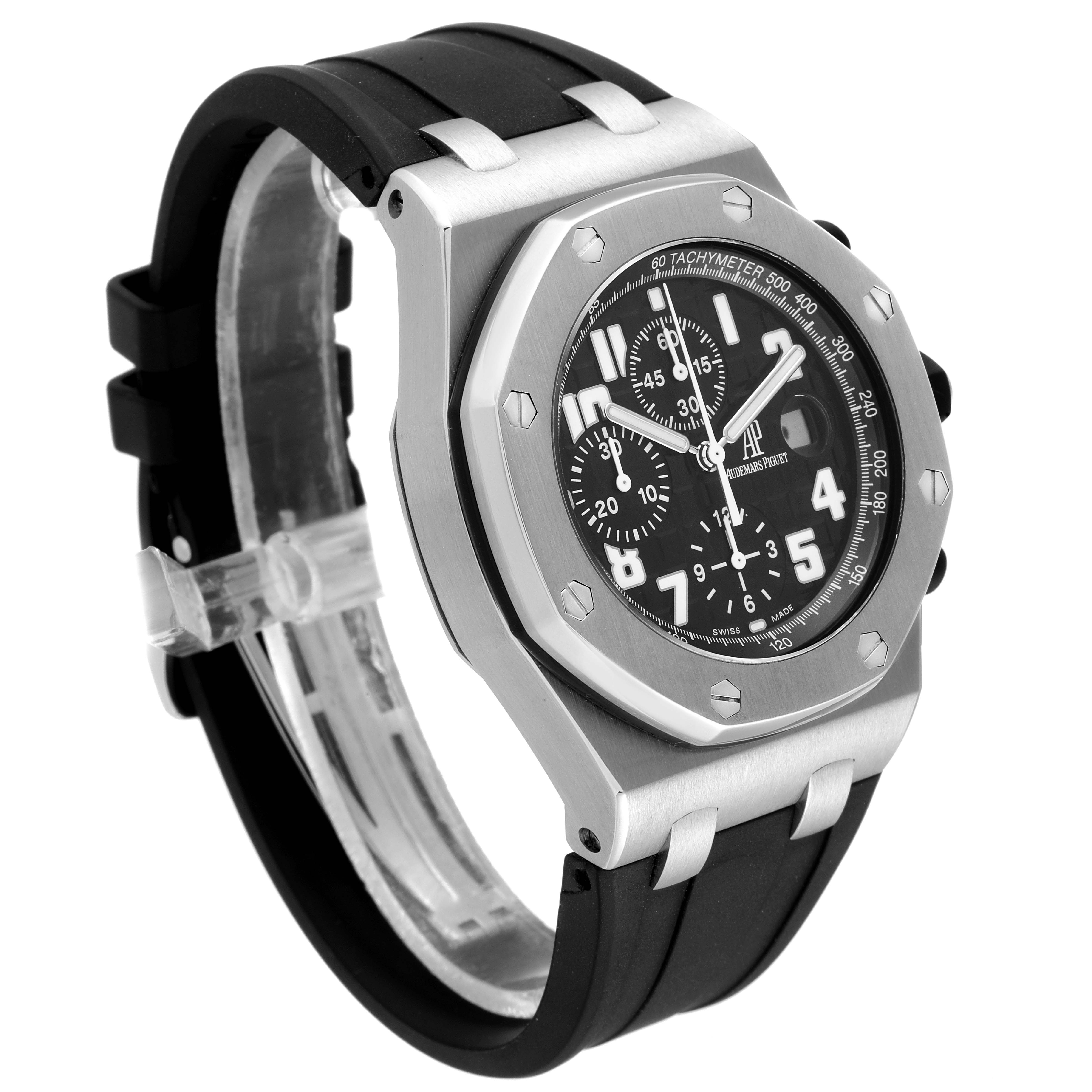 The image shows a side-angle view of the Royal Oak Offshore model by Audemars Piguet, featuring its bezel, dial, and strap.
