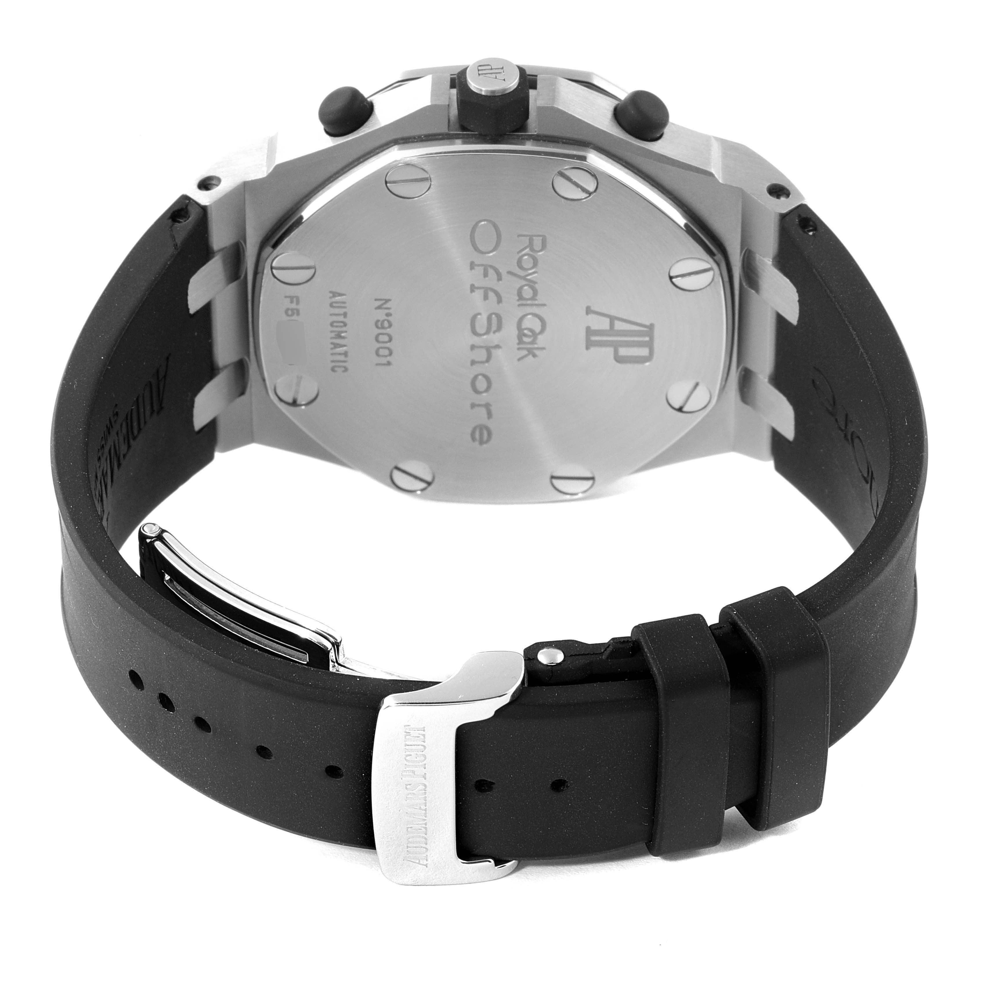 The image shows a rear view of the Audemars Piguet Royal Oak Offshore 26170ST.OO.D101CR.03 Men
s Stainless Steel Black Dial 26170ST.OO.D101CR.03 Men
s Stainless Steel Black Dial watch, highlighting the case back, strap, and buckle.
