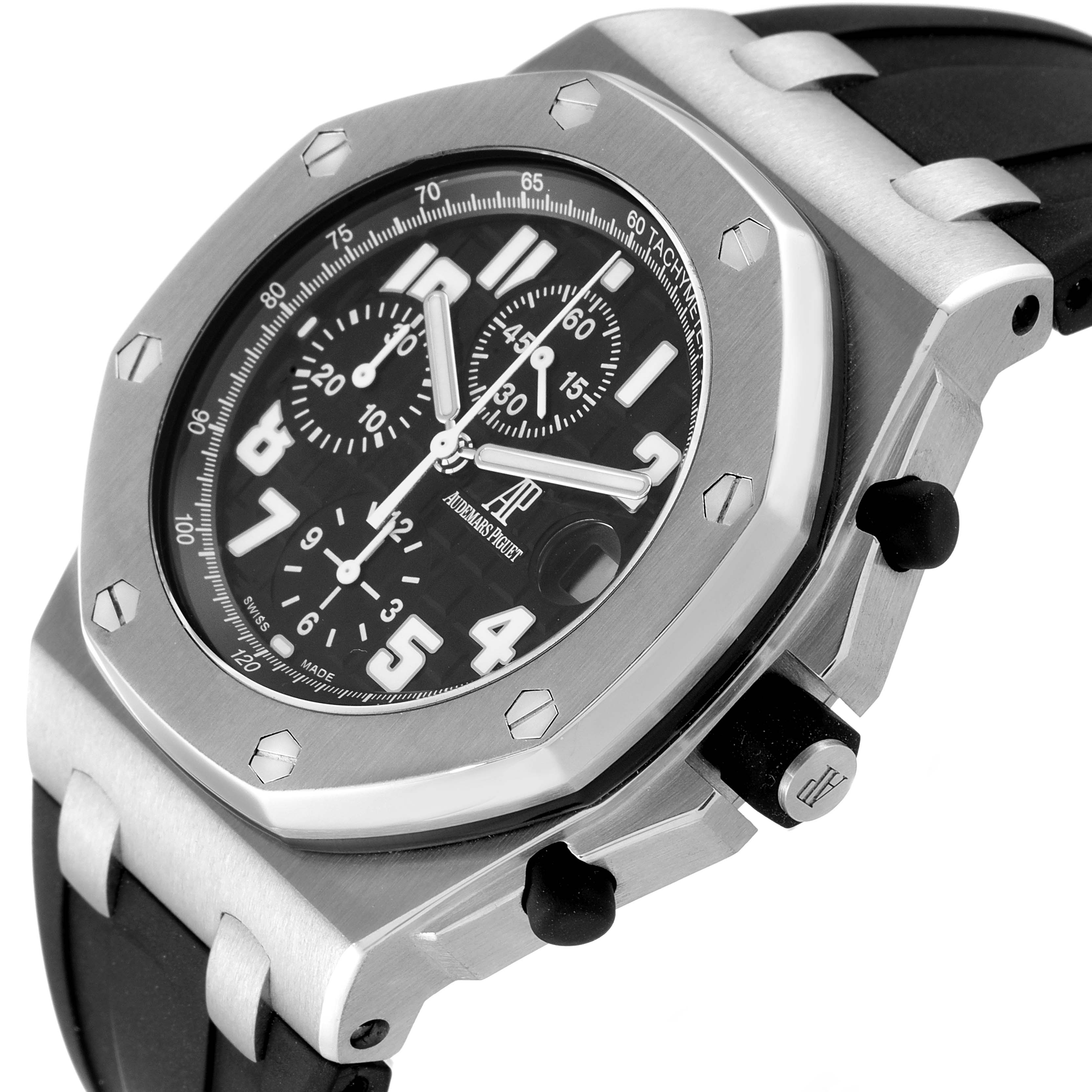 This image shows a close-up angle of the Audemars Piguet Royal Oak Offshore 26170ST.OO.D101CR.03 Men
s Stainless Steel Black Dial 26170ST.OO.D101CR.03 Men
s Stainless Steel Black Dial watch, highlighting the bezel, dial, and strap attachment.