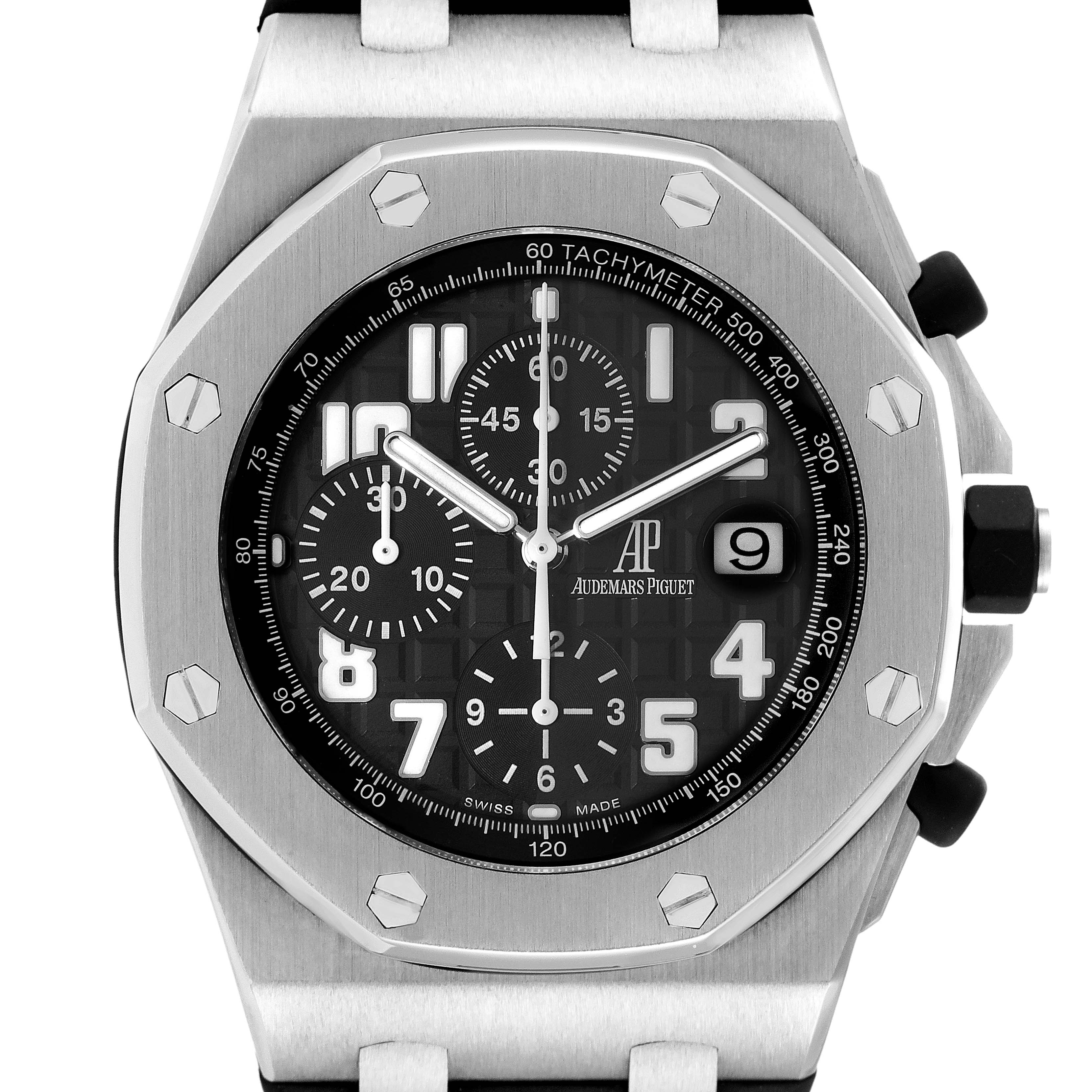This image shows a front view of the Audemars Piguet Royal Oak Offshore 26170ST.OO.D101CR.03 Men
s Stainless Steel Black Dial 26170ST.OO.D101CR.03 Men
s Stainless Steel Black Dial watch, highlighting the chronograph dials, date display, and bezel screws.