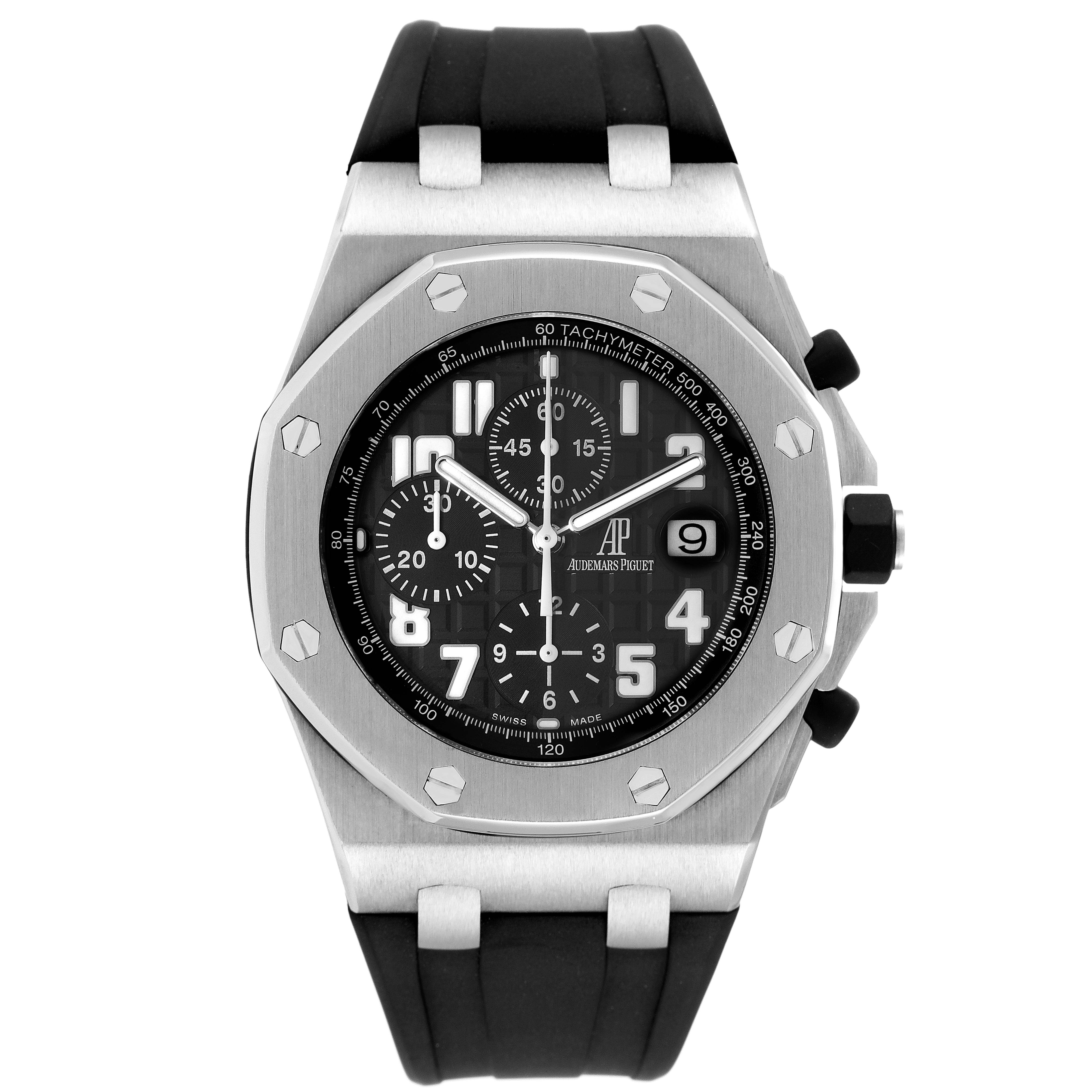 The image shows a front view of the Audemars Piguet Royal Oak Offshore 26170ST.OO.D101CR.03 Men
s Stainless Steel Black Dial 26170ST.OO.D101CR.03 Men
s Stainless Steel Black Dial model wristwatch, highlighting its face, bezel, and rubber strap.
