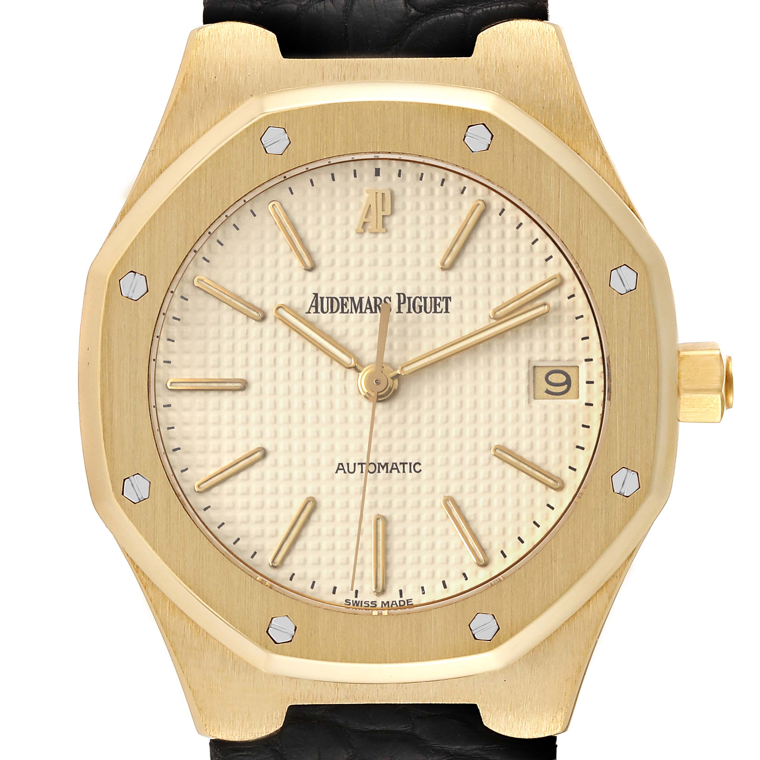 The image shows a front view of an Audemars Piguet Royal Oak 14808BA Men's Yellow Gold Beige Dial 14808BA Men's Yellow Gold Beige Dial watch displaying its dial, bezel, and strap attachment.