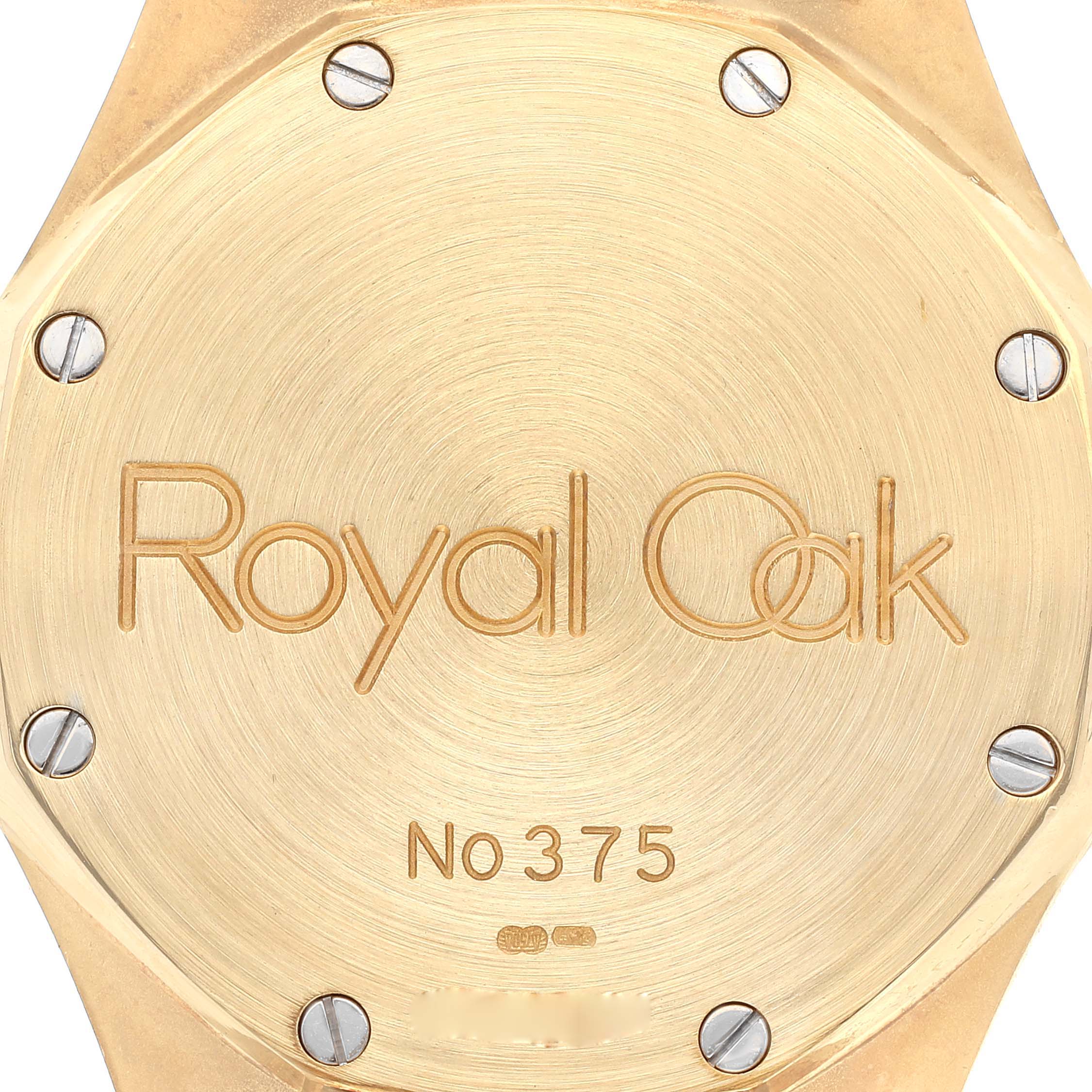 The image shows the back case of the Audemars Piguet Royal Oak 14808BA Men's Yellow Gold Beige Dial 14808BA Men's Yellow Gold Beige Dial watch, displaying the model name and No 375.