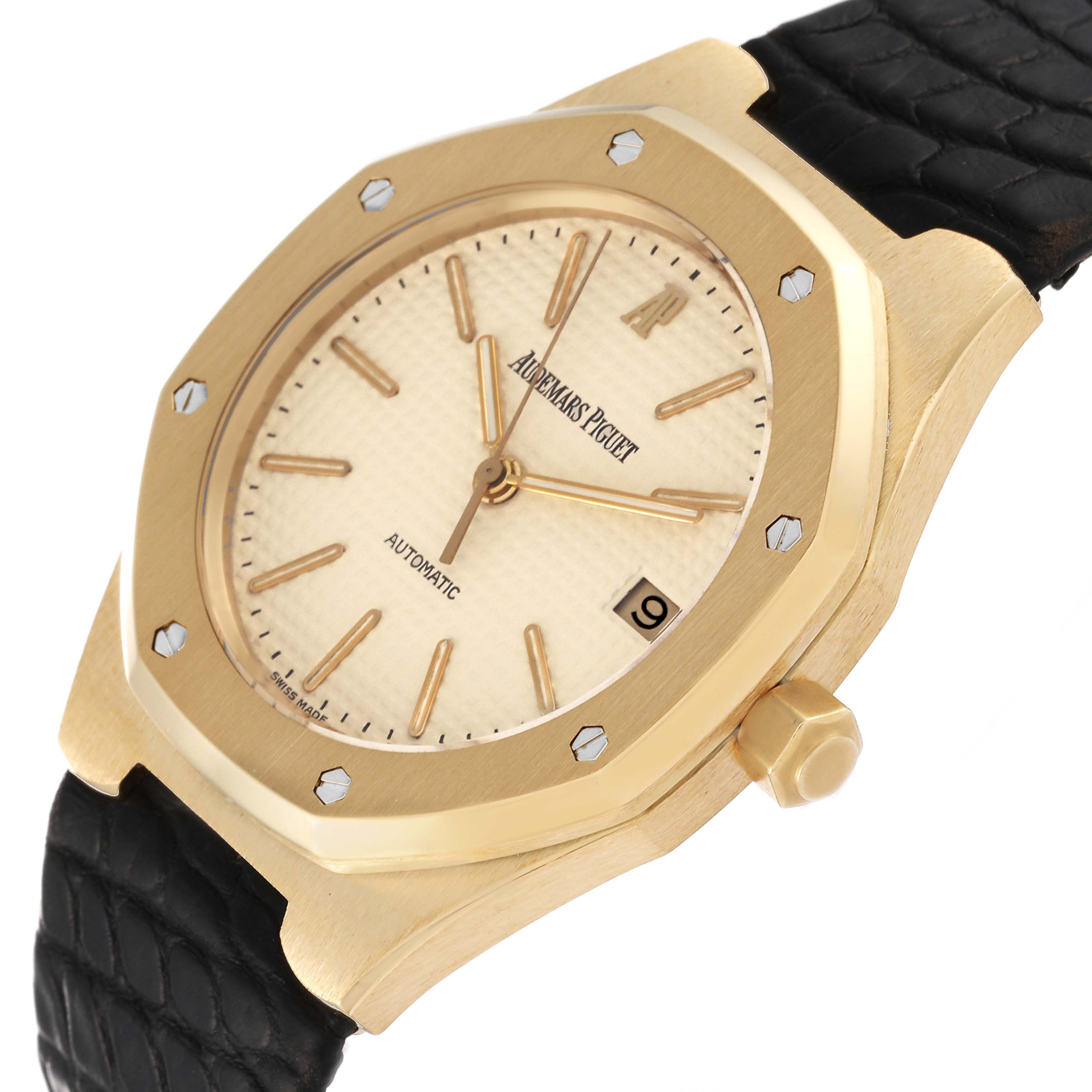 The image shows a close-up side angle of the Audemars Piguet Royal Oak 14808BA Men's Yellow Gold Beige Dial 14808BA Men's Yellow Gold Beige Dial watch, highlighting the dial, bezel, crown, and strap.