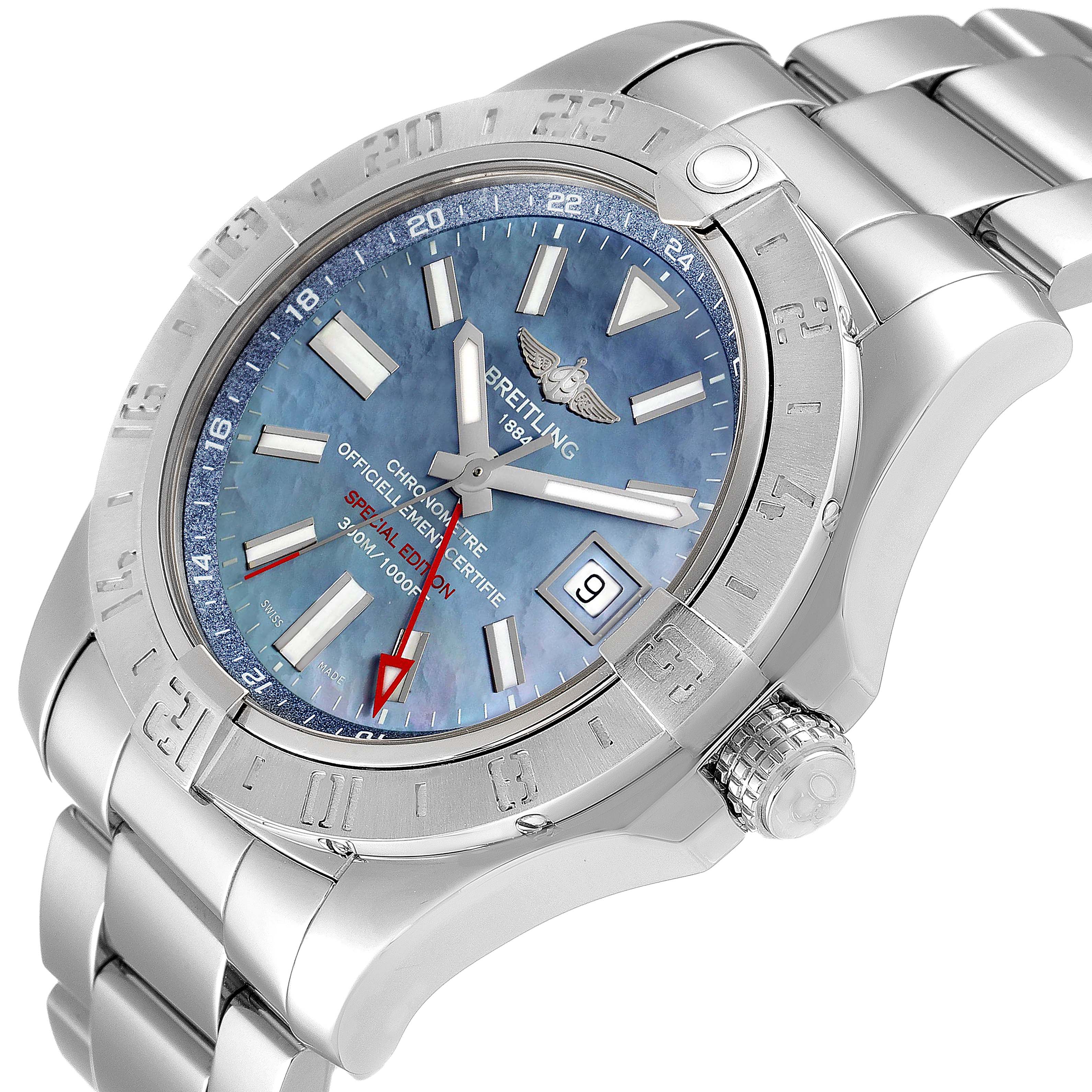 The image shows a side-angled view of a Breitling Avenger A3239011-C872-170A Men's Stainless Steel Mother of Pearl Dial A3239011-C872-170A Men's Stainless Steel Mother of Pearl Dial watch, featuring its bezel, dial, date window, and part of the bracelet.