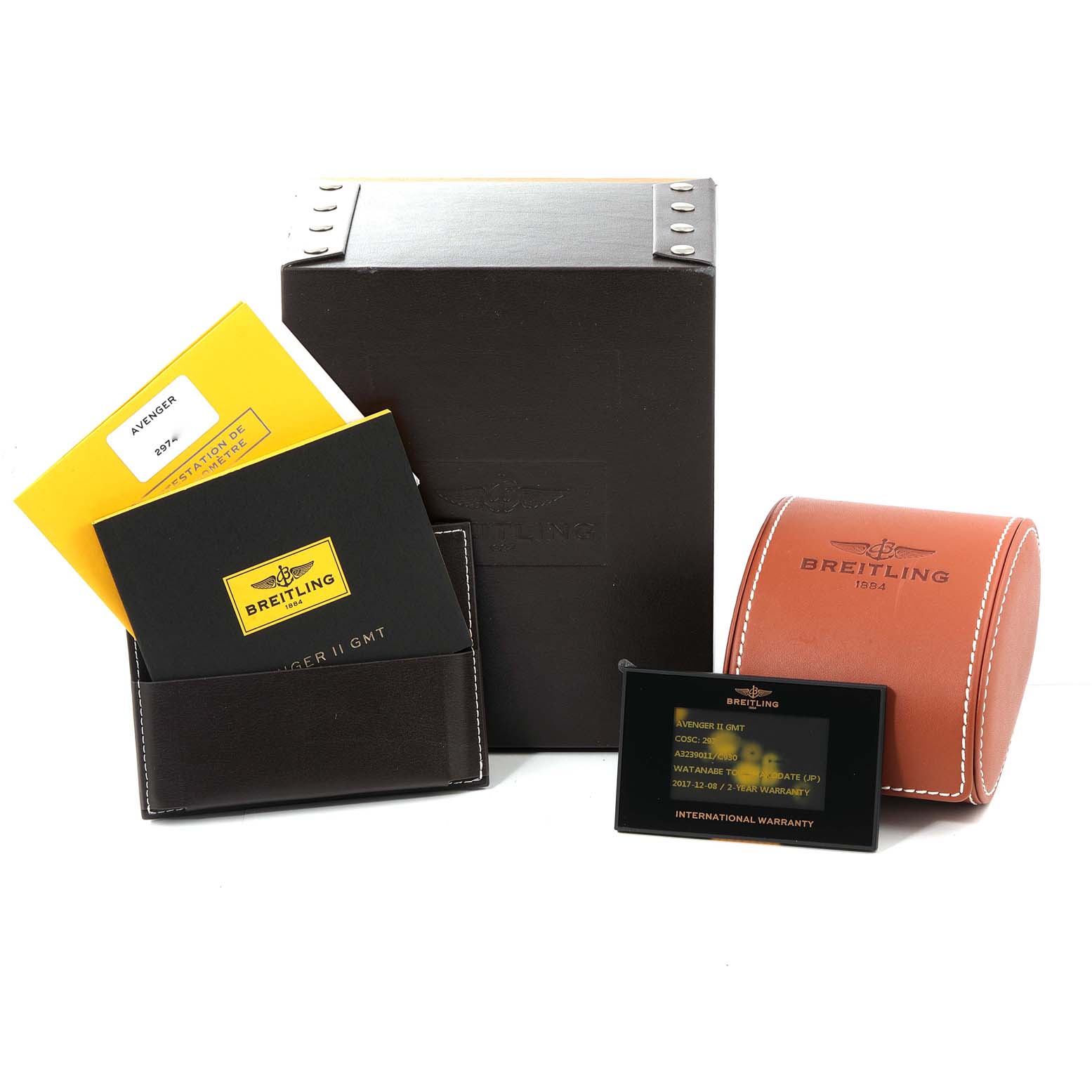 The image shows the packaging, warranty card, and documentation for the Breitling Avenger A3239011-C872-170A Men's Stainless Steel Mother of Pearl Dial A3239011-C872-170A Men's Stainless Steel Mother of Pearl Dial model.