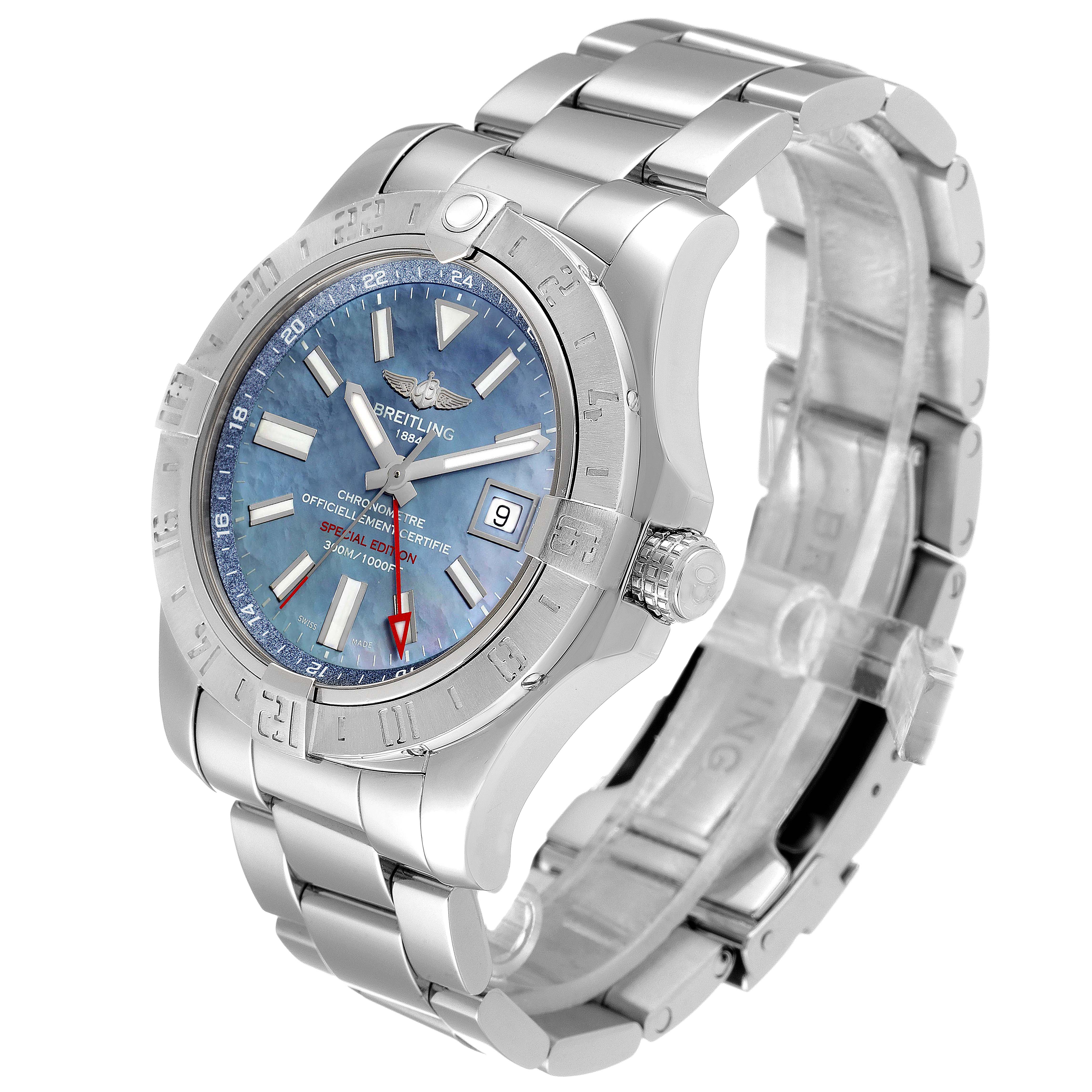 The image shows a Breitling Avenger A3239011-C872-170A Men's Stainless Steel Mother of Pearl Dial A3239011-C872-170A Men's Stainless Steel Mother of Pearl Dial watch from a front-left angle, highlighting its blue dial, bezel, and stainless steel bracelet.