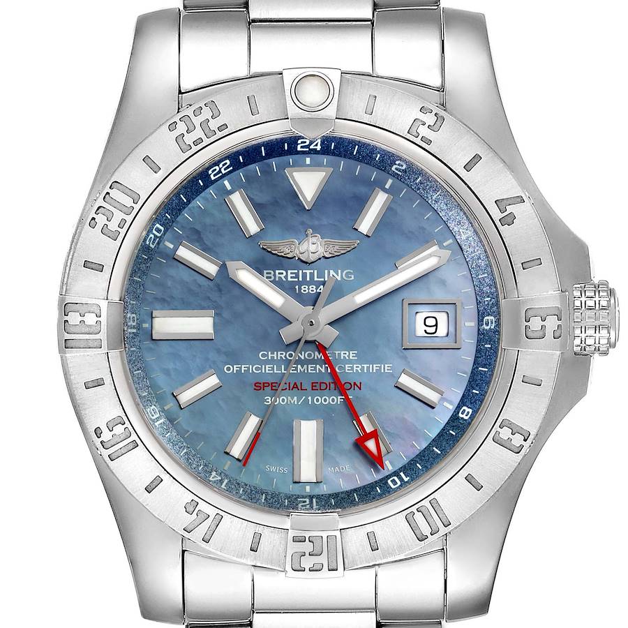 Breitling Aeromarine Avenger II GMT Blue MOP Dial Mens Watch A32390 Box Papers SwissWatchExpo