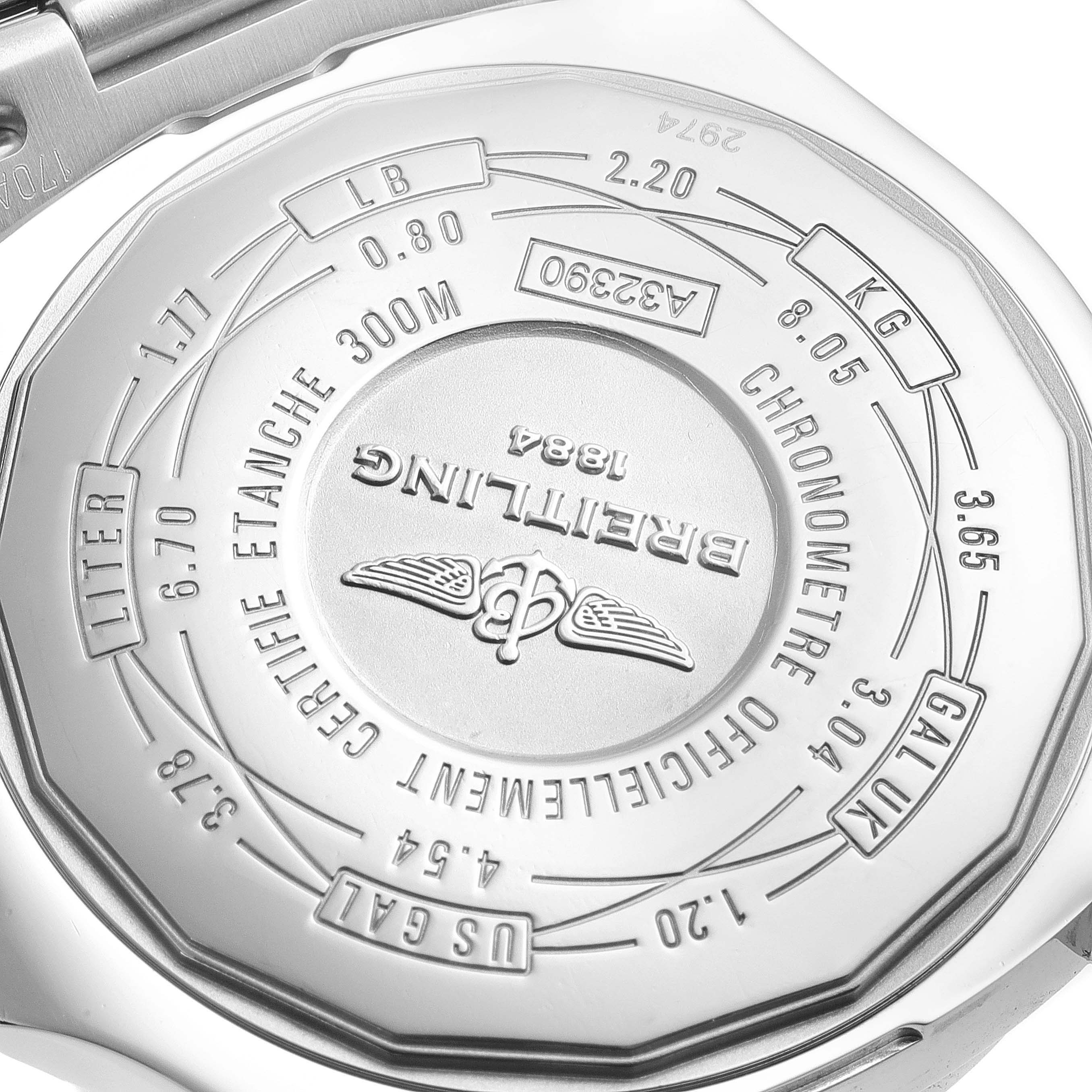 This image displays the back of a Breitling Avenger A3239011-C872-170A Men's Stainless Steel Mother of Pearl Dial A3239011-C872-170A Men's Stainless Steel Mother of Pearl Dial watch, showcasing the brand logo, model specifics, and water resistance details.