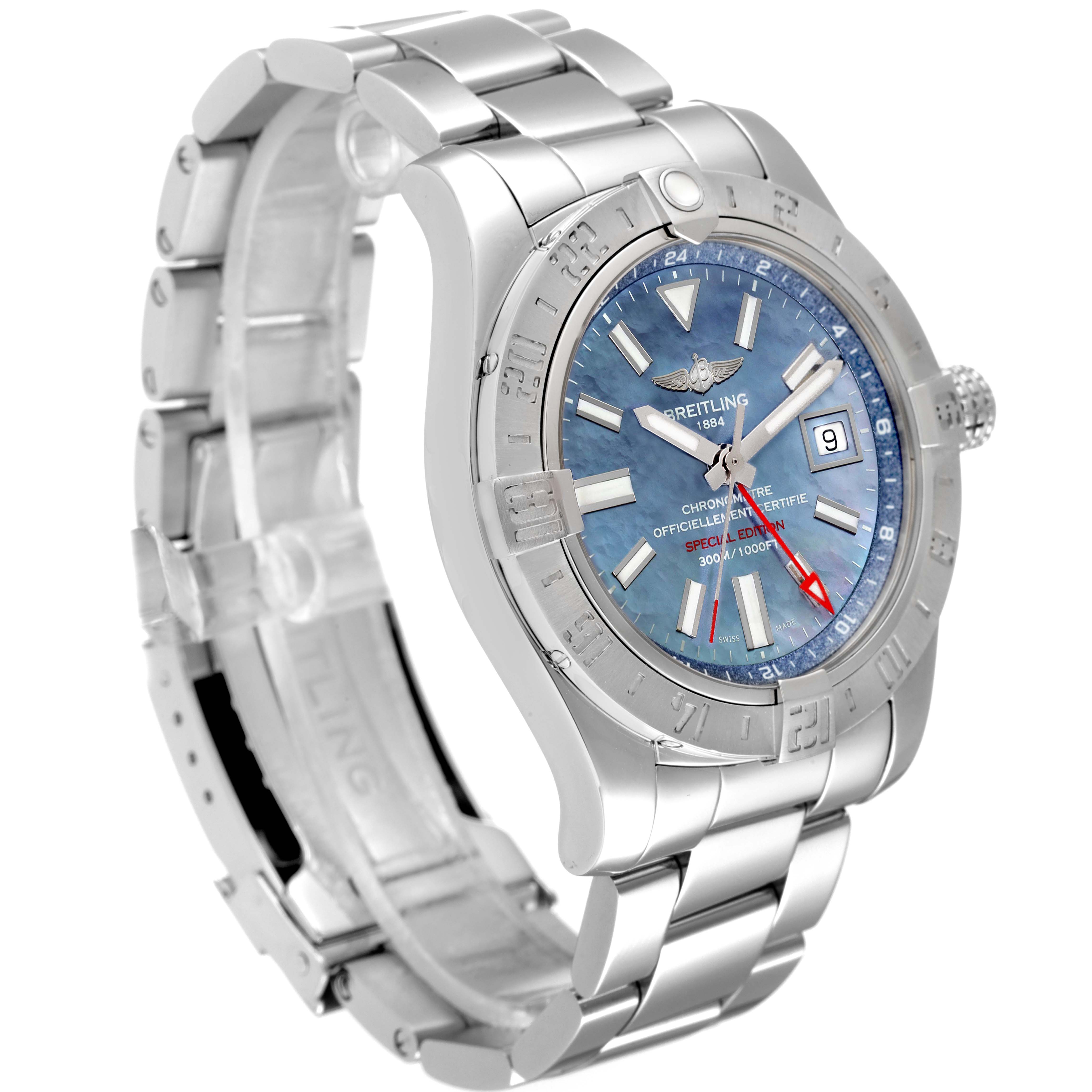 The image shows a Breitling Avenger A3239011-C872-170A Men's Stainless Steel Mother of Pearl Dial A3239011-C872-170A Men's Stainless Steel Mother of Pearl Dial watch at a three-quarter angle, displaying its face, bezel, crown, and stainless steel bracelet.