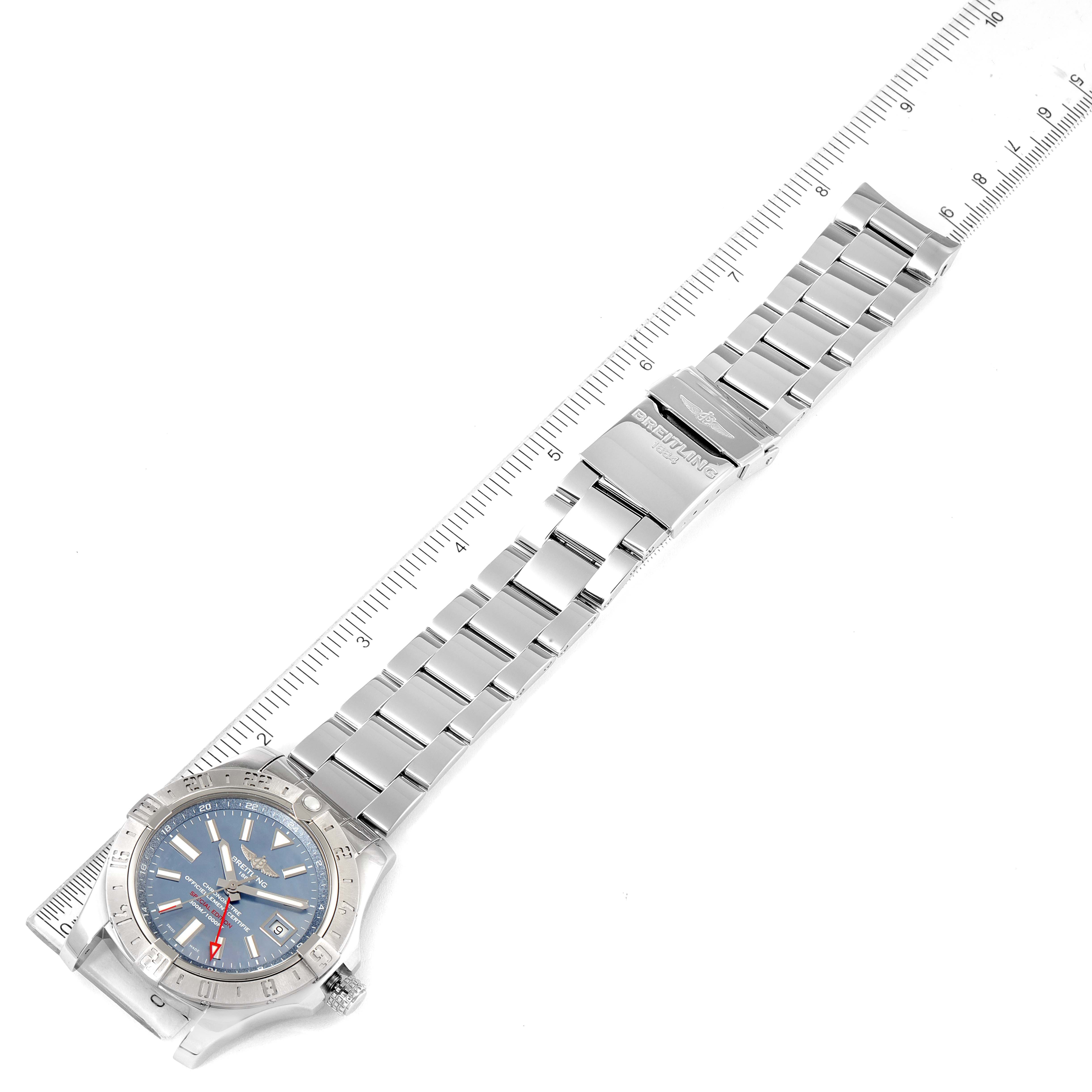 The image shows a top-down view of a Breitling Avenger A3239011-C872-170A Men's Stainless Steel Mother of Pearl Dial A3239011-C872-170A Men's Stainless Steel Mother of Pearl Dial watch with its stainless steel bracelet fully extended.