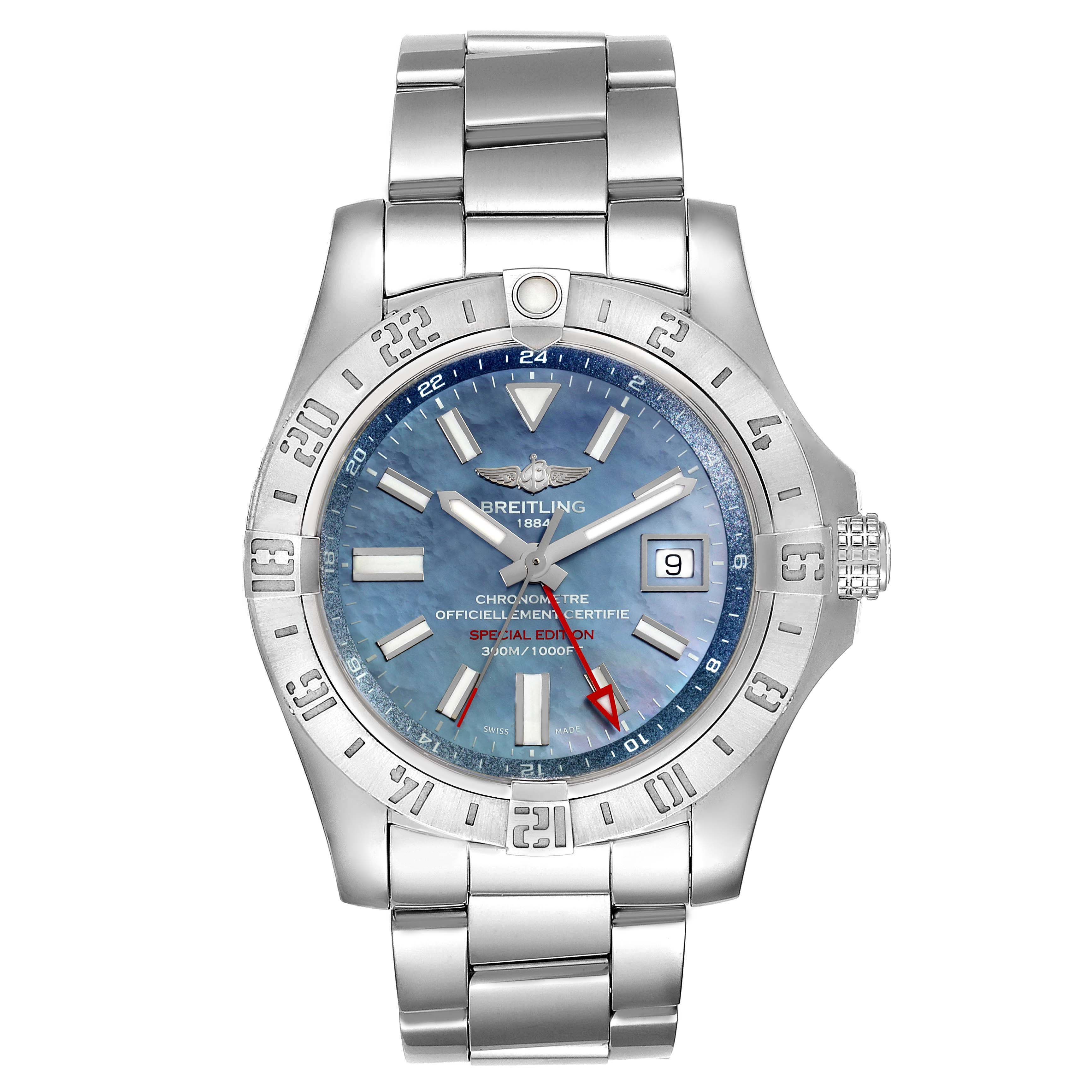 The image shows a front view of the Breitling Avenger A3239011-C872-170A Men's Stainless Steel Mother of Pearl Dial A3239011-C872-170A Men's Stainless Steel Mother of Pearl Dial model watch, highlighting the dial, bezel, and bracelet.