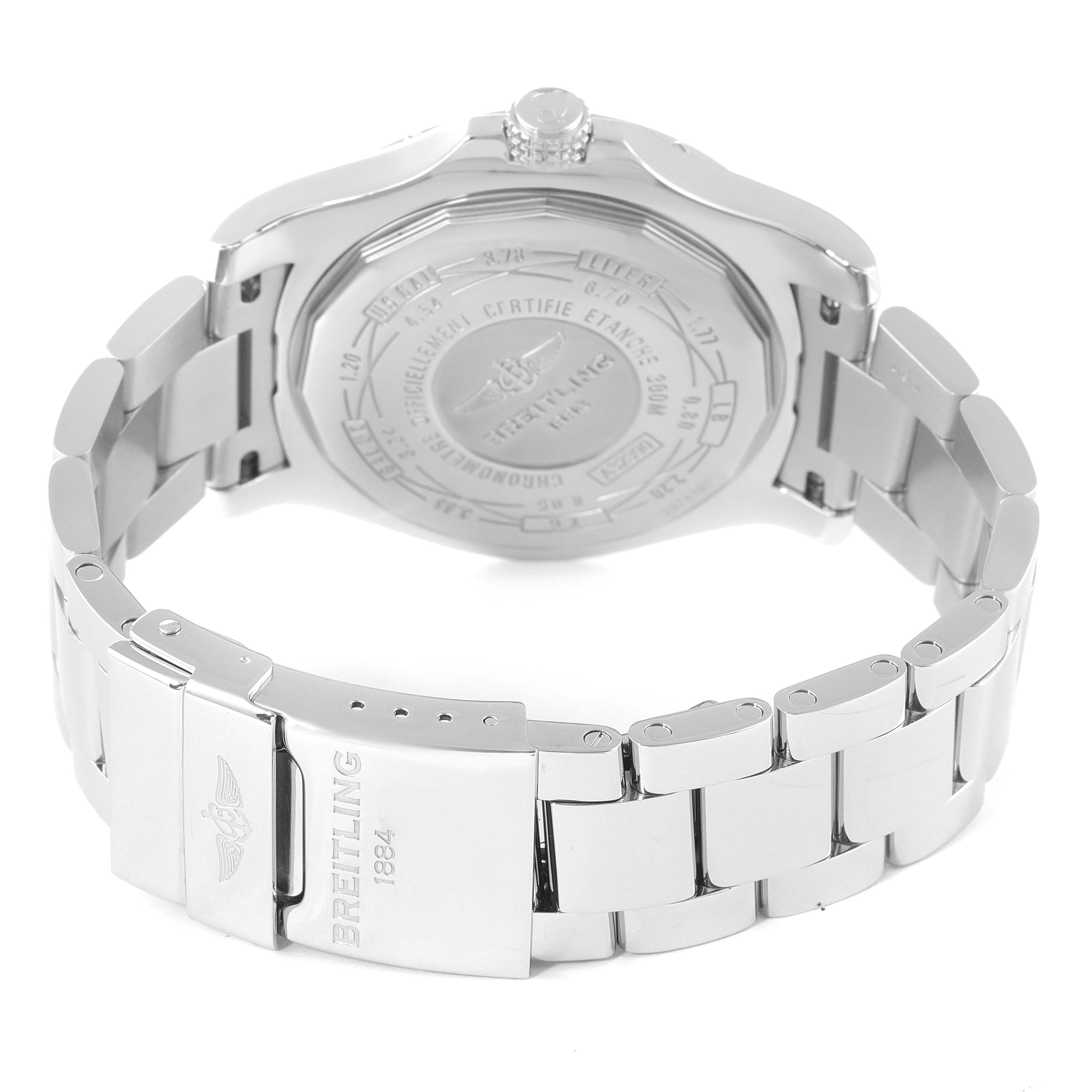 This image shows the back and clasp of a Breitling Avenger A3239011-C872-170A Men's Stainless Steel Mother of Pearl Dial A3239011-C872-170A Men's Stainless Steel Mother of Pearl Dial watch, highlighting the engraved case back and stainless steel bracelet.