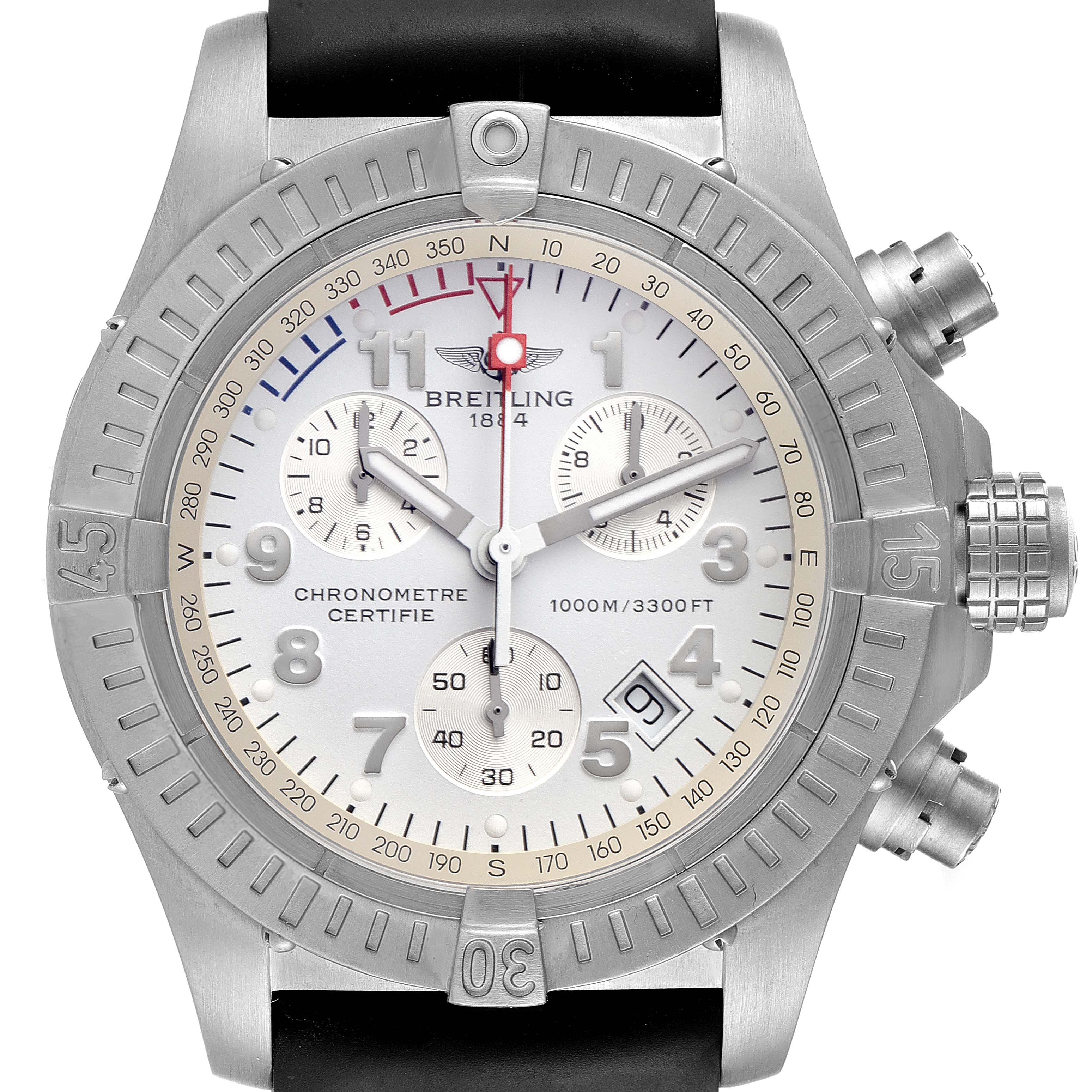 The Breitling Avenger E73360 Men's Titanium White Dial E73360 Men's Titanium White Dial watch is shown from the front, highlighting the dial, bezel, chronograph subdials, and crown.
