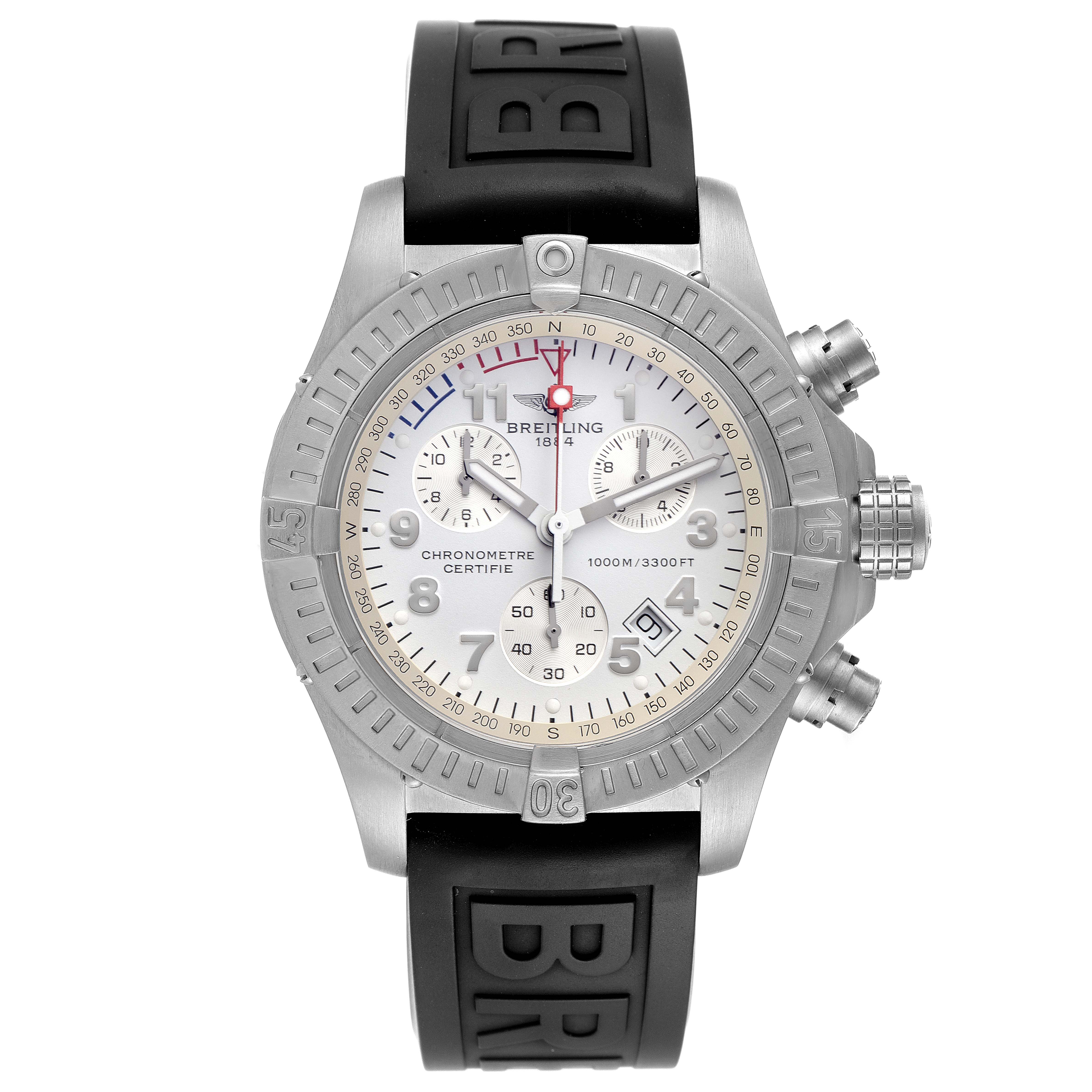 The image shows a front view of the Breitling Avenger E73360 Men's Titanium White Dial E73360 Men's Titanium White Dial watch, displaying the dial, bezel, crown, pushers, and rubber strap.