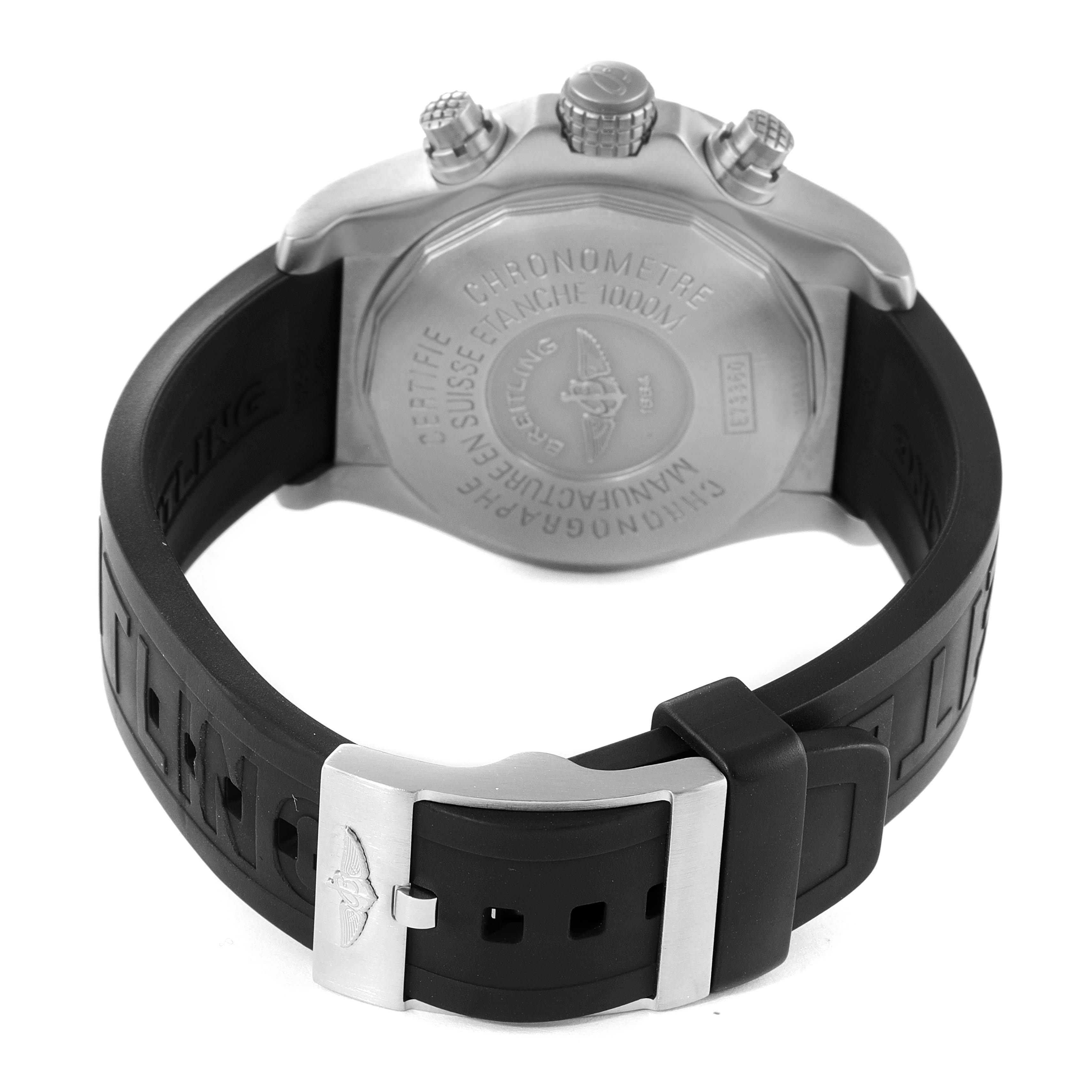 The image shows the back case and strap of a Breitling Avenger E73360 Men's Titanium White Dial E73360 Men's Titanium White Dial watch from a rear angle.