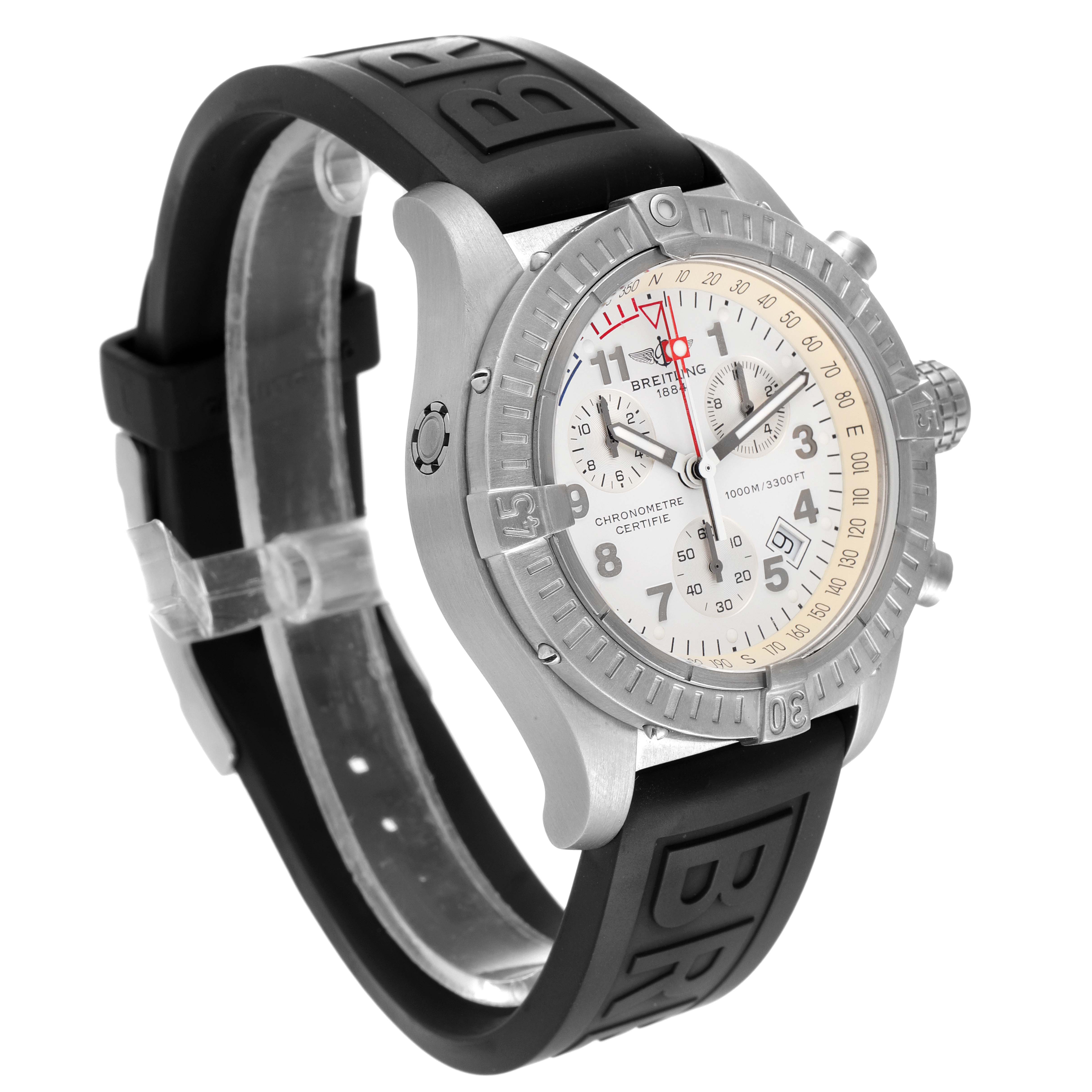 This image shows the front and side of a Breitling Avenger E73360 Men's Titanium White Dial E73360 Men's Titanium White Dial watch, featuring a white dial and black rubber strap.