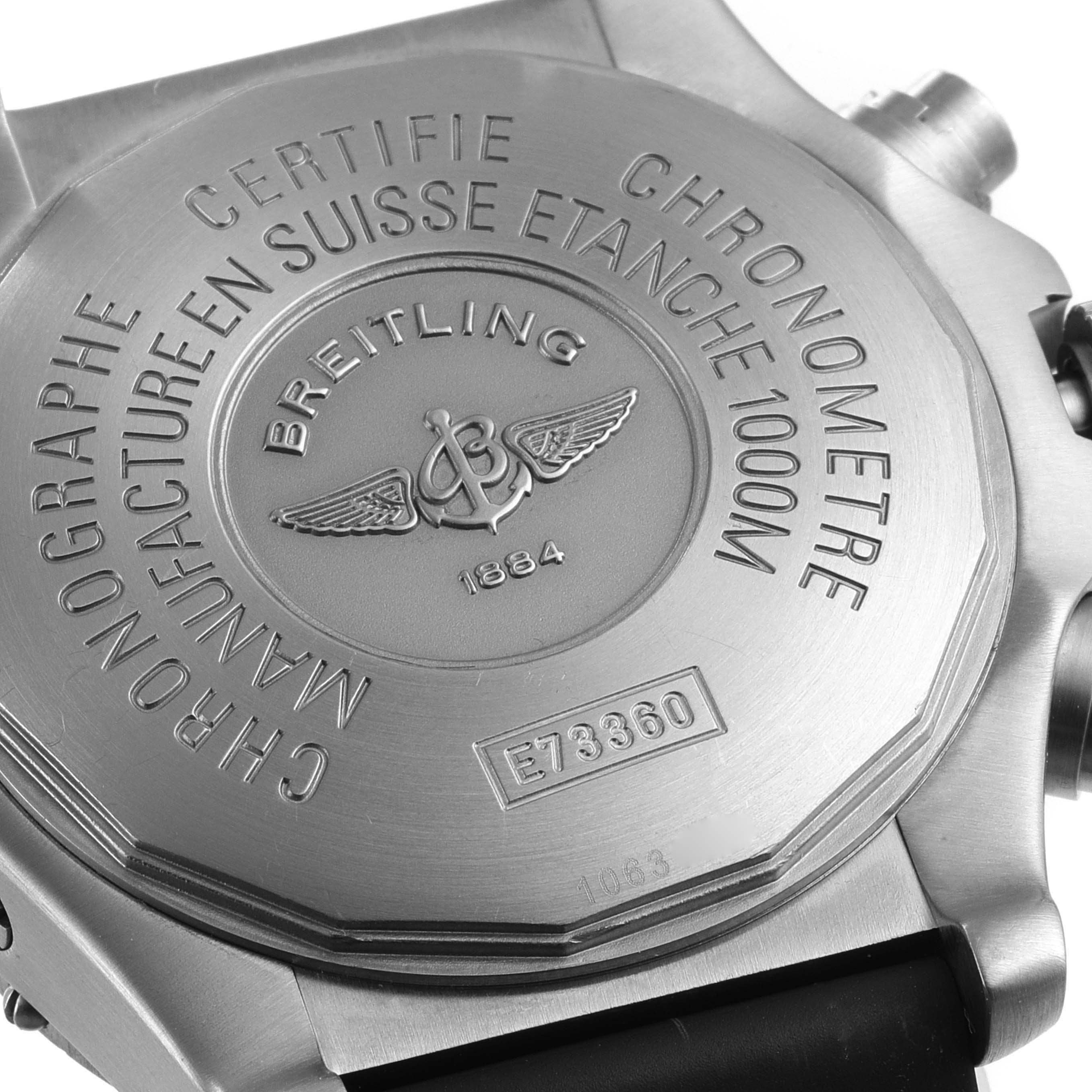 The image shows the case back of the Breitling Avenger E73360 Men's Titanium White Dial E73360 Men's Titanium White Dial model watch, displaying engravings and the brand logo.