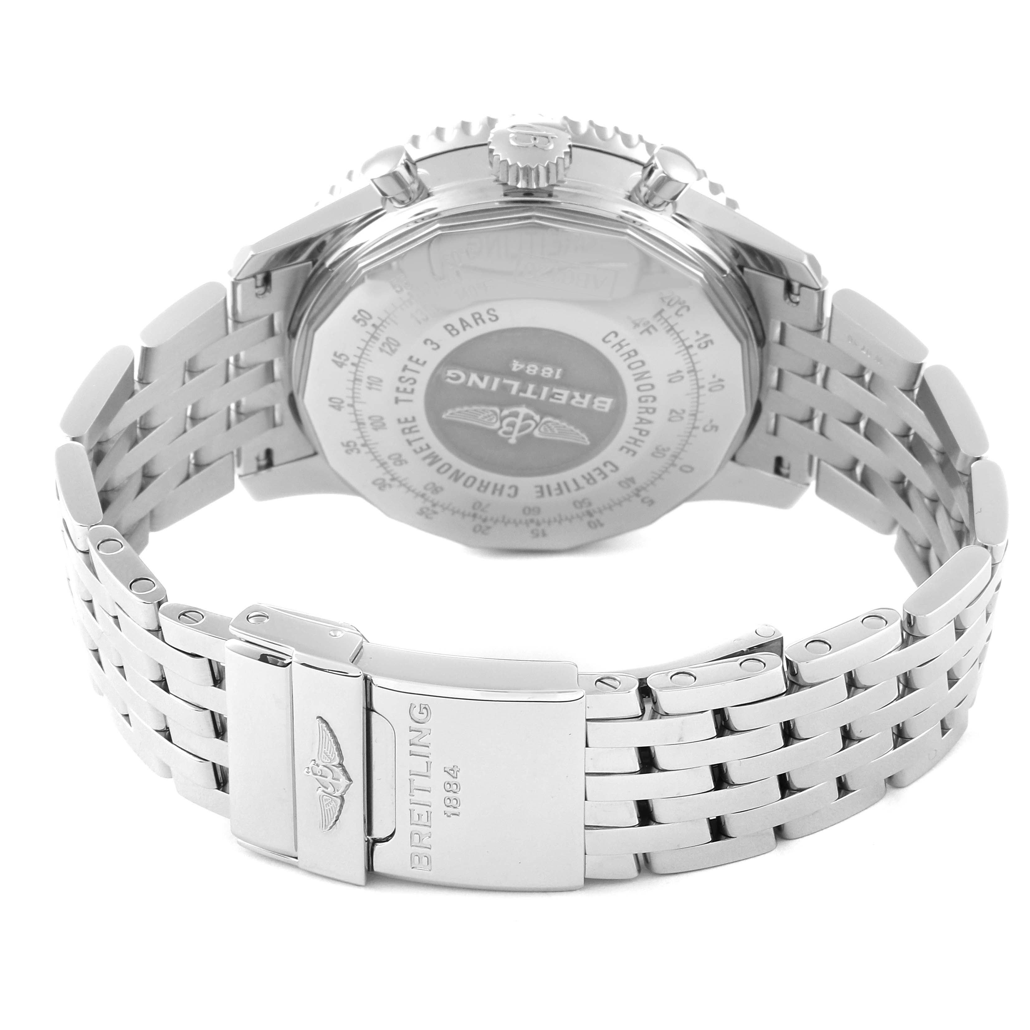 The image shows the back view of a Breitling Navitimer AB0120 Men
s Stainless Steel Black Dial AB0120 Men
s Stainless Steel Black Dial watch, focusing on the stainless steel case back and metal bracelet.