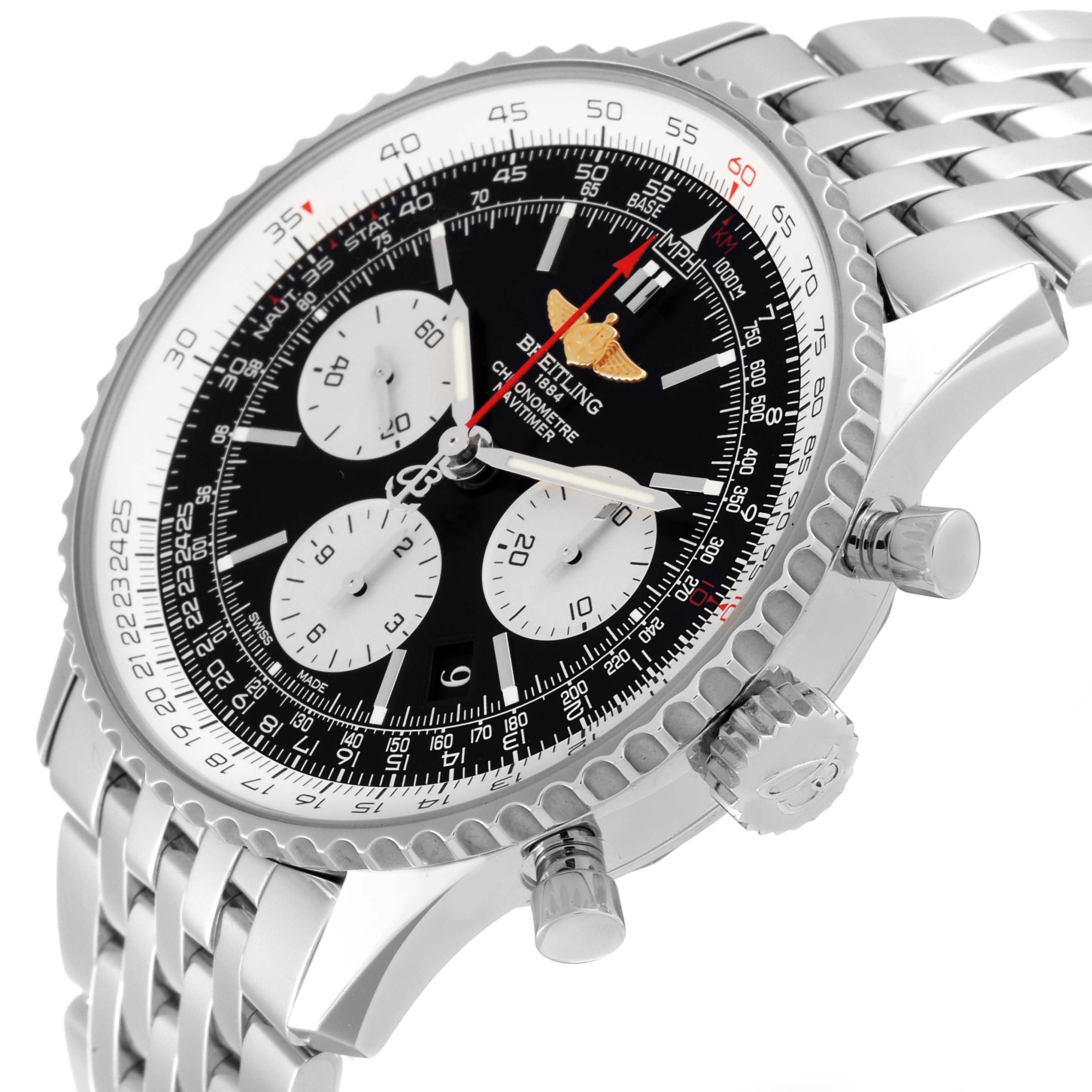 The image shows a close-up, angled view of the Breitling Navitimer AB0120 Men
s Stainless Steel Black Dial AB0120 Men
s Stainless Steel Black Dial watch, highlighting the face, bezel, crown, and stainless steel bracelet.