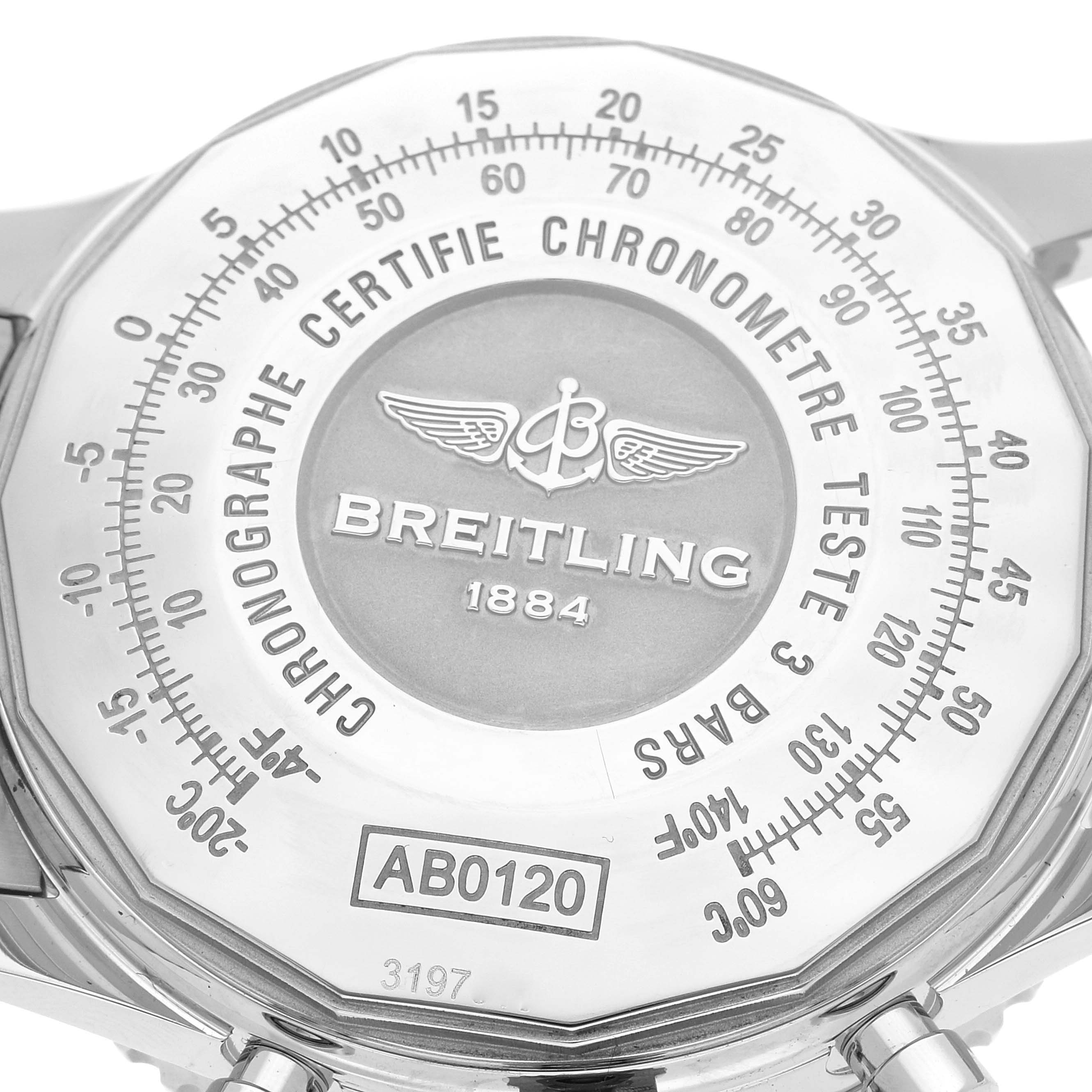 The image shows the back of a Breitling Navitimer AB0120 Men
s Stainless Steel Black Dial AB0120 Men
s Stainless Steel Black Dial watch, highlighting its inscriptions and model number (AB0120).