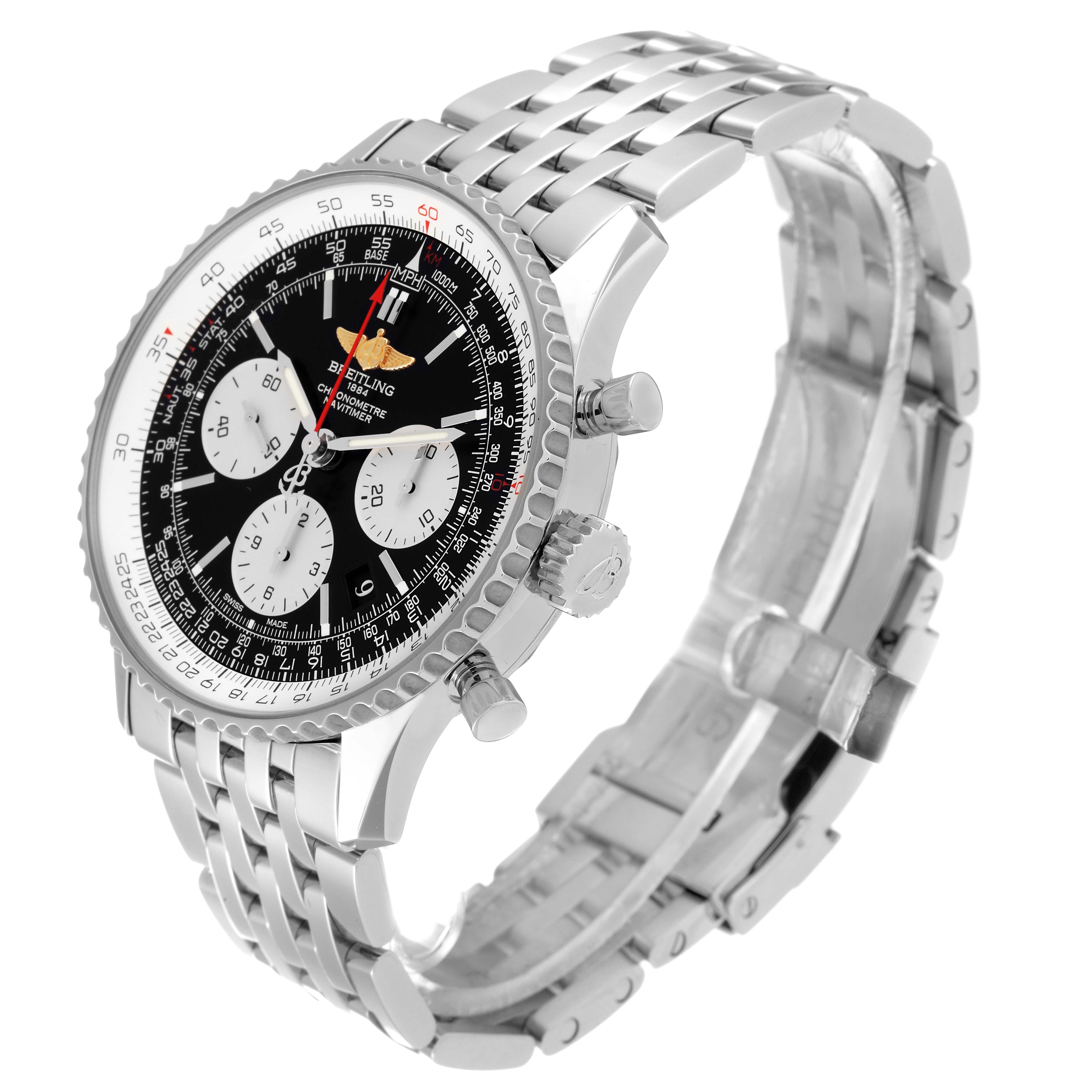 This image shows a Breitling Navitimer AB0120 Men
s Stainless Steel Black Dial AB0120 Men
s Stainless Steel Black Dial watch at a three-quarter angle, highlighting its dial, bezel, pushers, and metal bracelet.