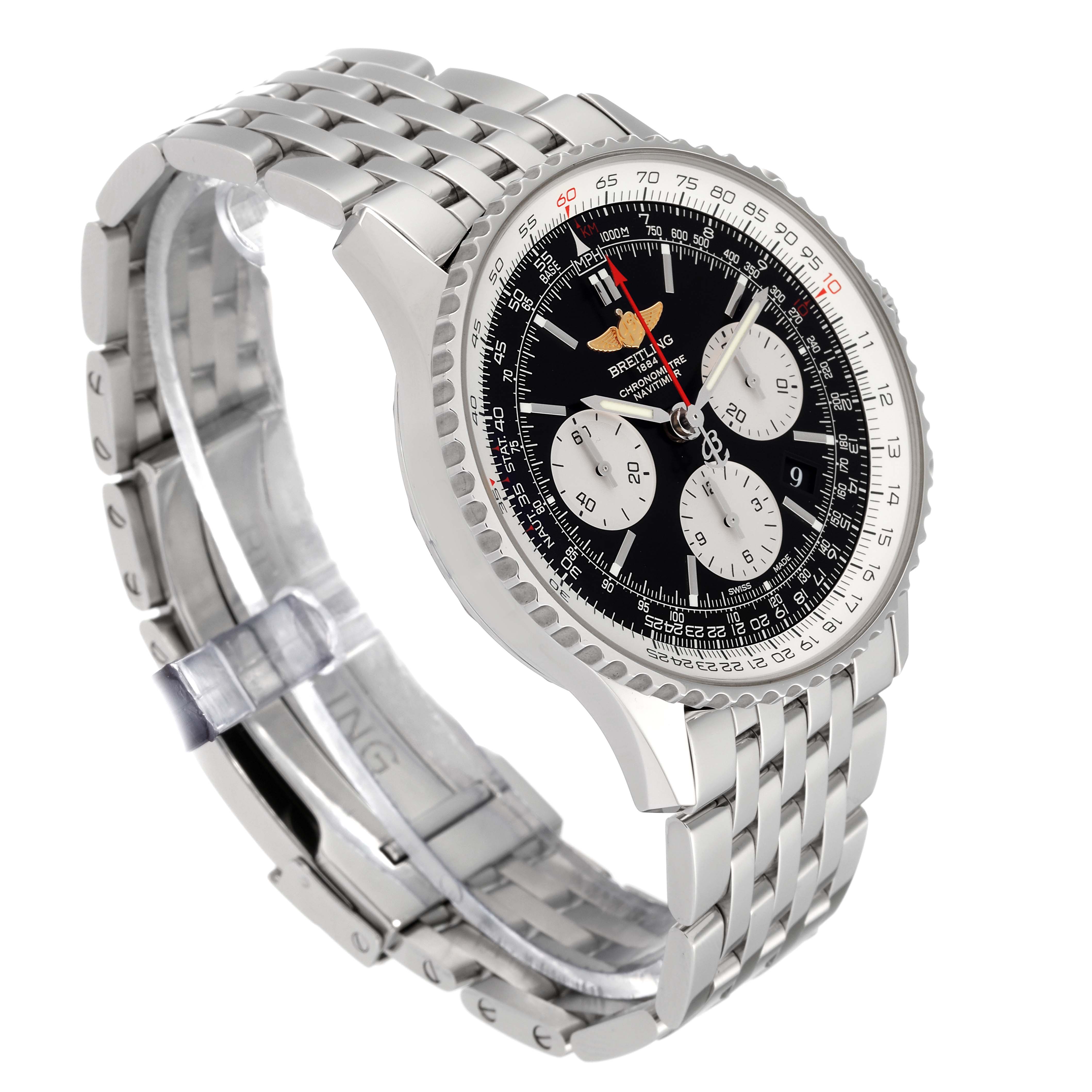 The image shows an angled view of a Breitling Navitimer AB0120 Men
s Stainless Steel Black Dial AB0120 Men
s Stainless Steel Black Dial watch, highlighting its face, bezel, and metal bracelet.