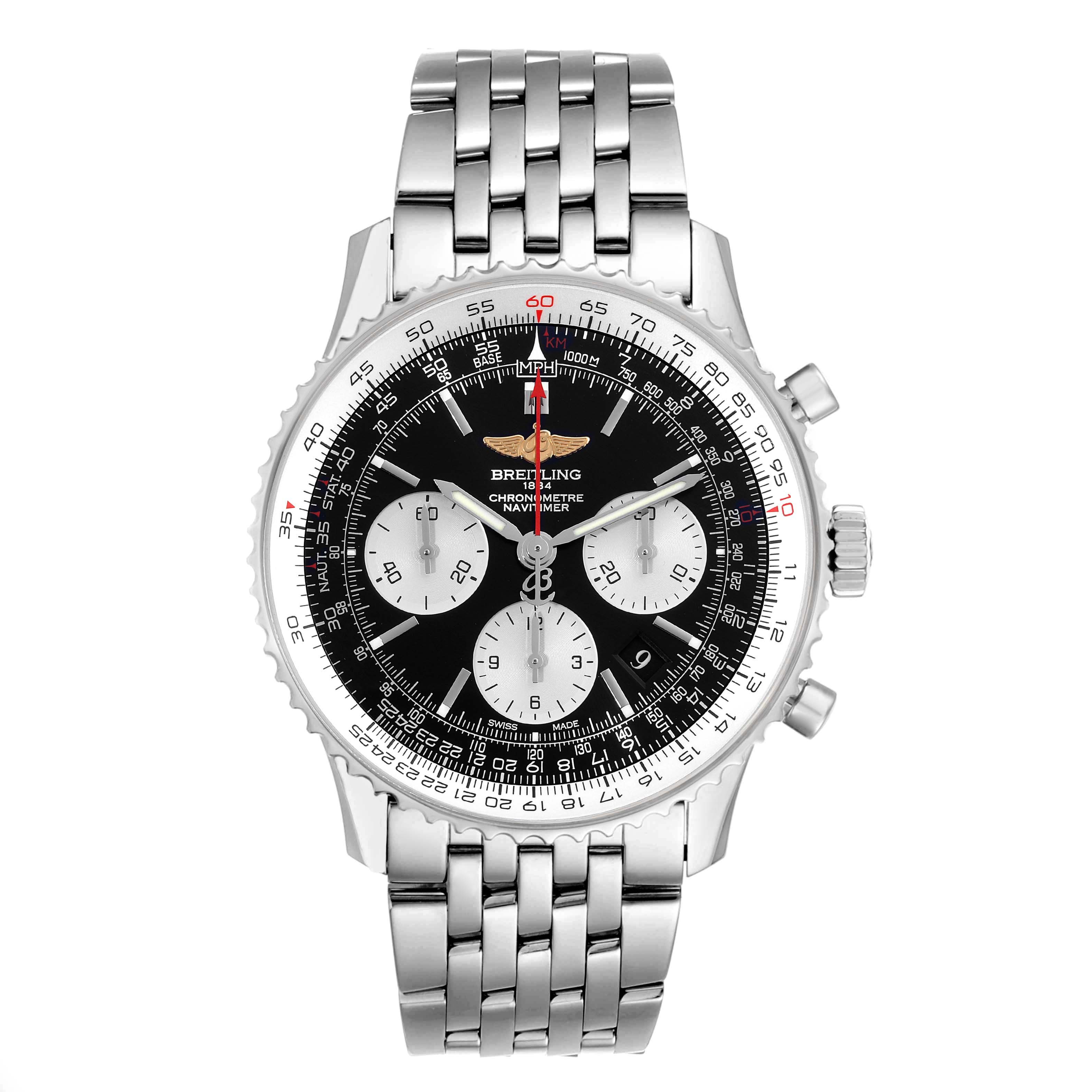 The image shows a Breitling Navitimer AB0120 Men
s Stainless Steel Black Dial AB0120 Men
s Stainless Steel Black Dial model watch from a front view, displaying its dial, bezel, and bracelet clearly.