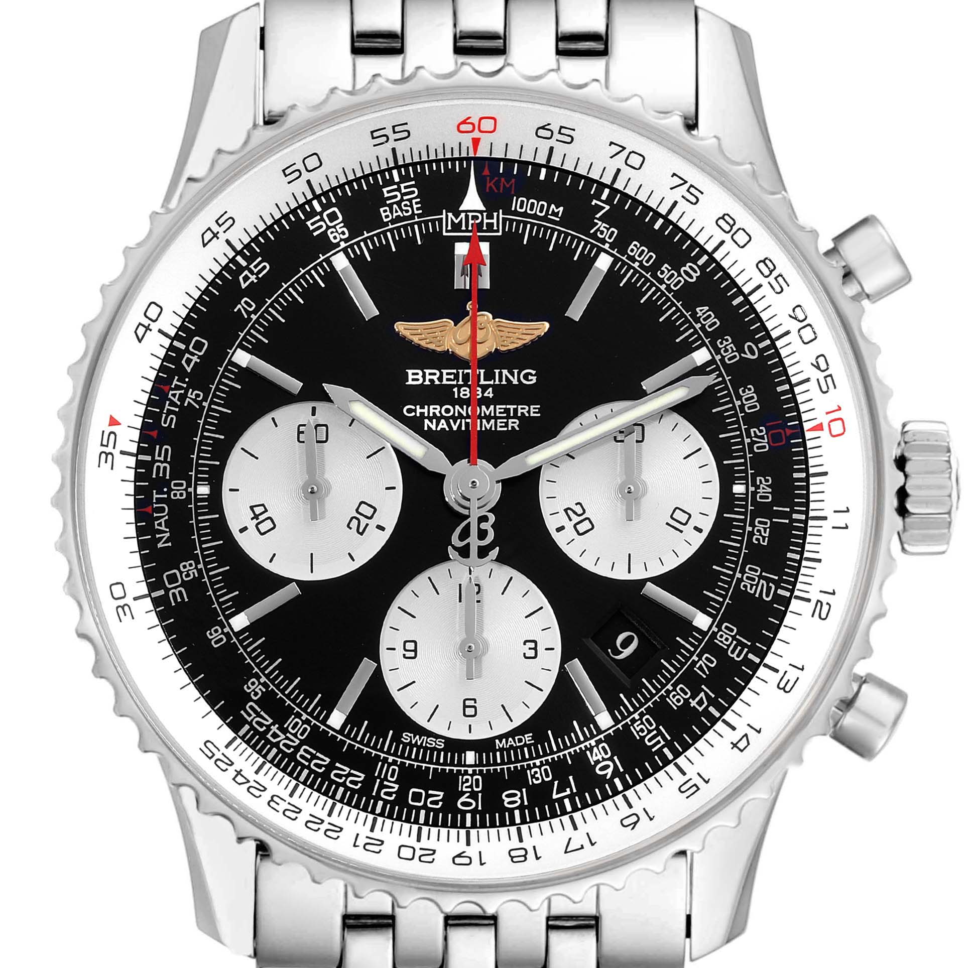 The Breitling Navitimer AB0120 Men
s Stainless Steel Black Dial AB0120 Men
s Stainless Steel Black Dial watch is shown from a front angle, highlighting its dial, subdials, and metal bracelet.