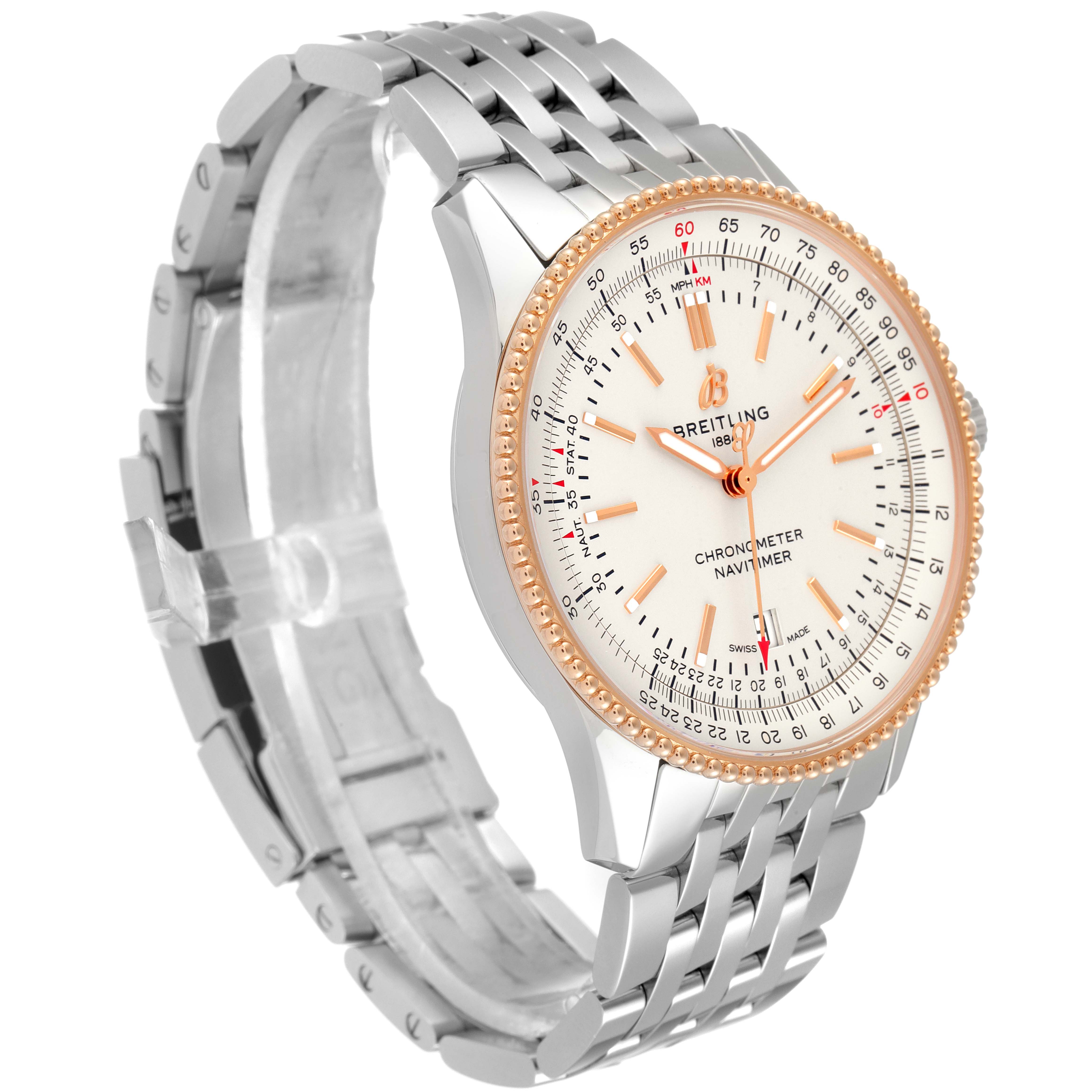 The image shows a side profile of the Breitling Navitimer U17326 Men's Steel and Gold (two tone) Silver Dial U17326 Men's Steel and Gold (two tone) Silver Dial model watch, highlighting its stainless steel bracelet and gold bezel.