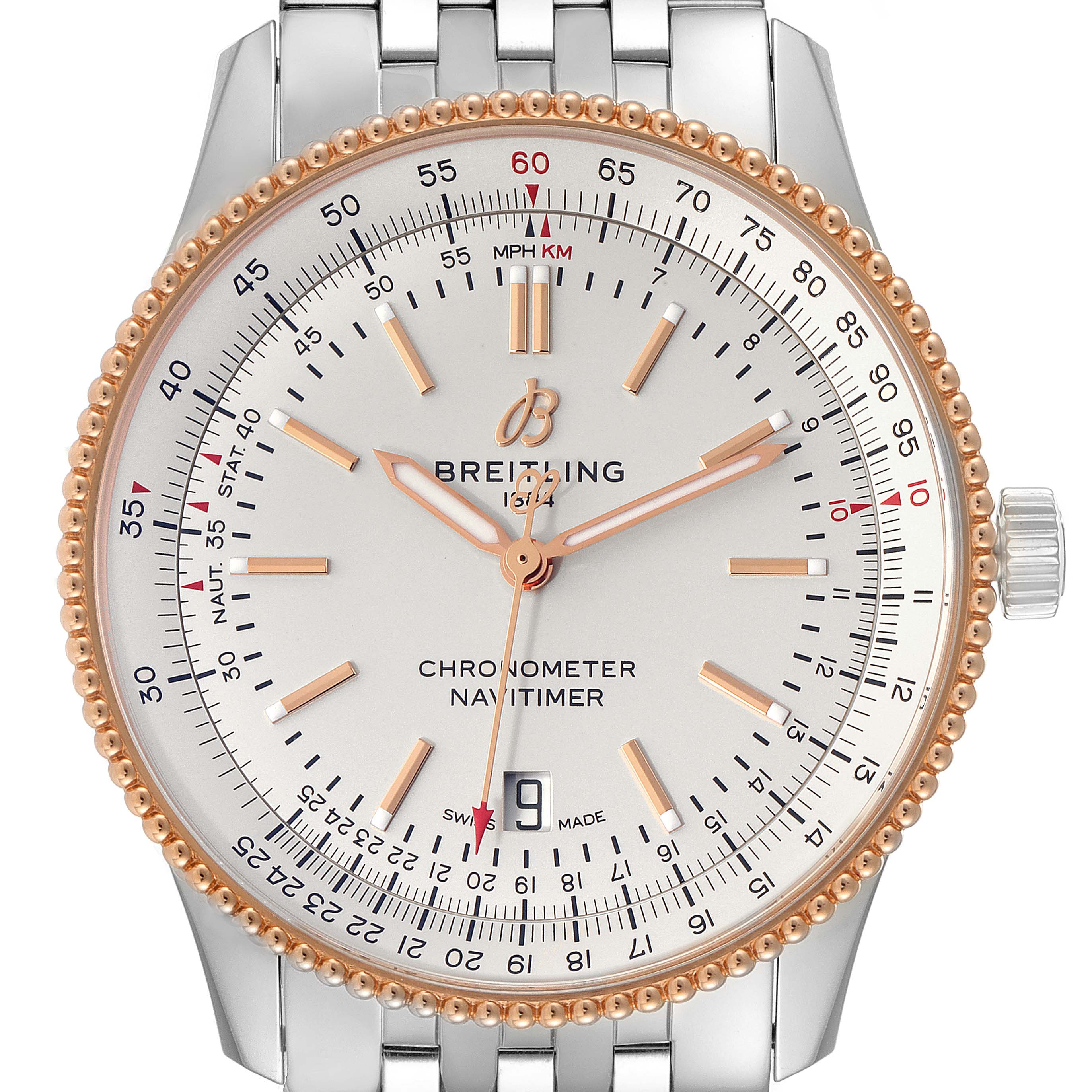 The image shows a frontal view of a Breitling Navitimer U17326 Men's Steel and Gold (two tone) Silver Dial U17326 Men's Steel and Gold (two tone) Silver Dial watch, highlighting its dial, bezel, hands, and partial stainless steel bracelet.