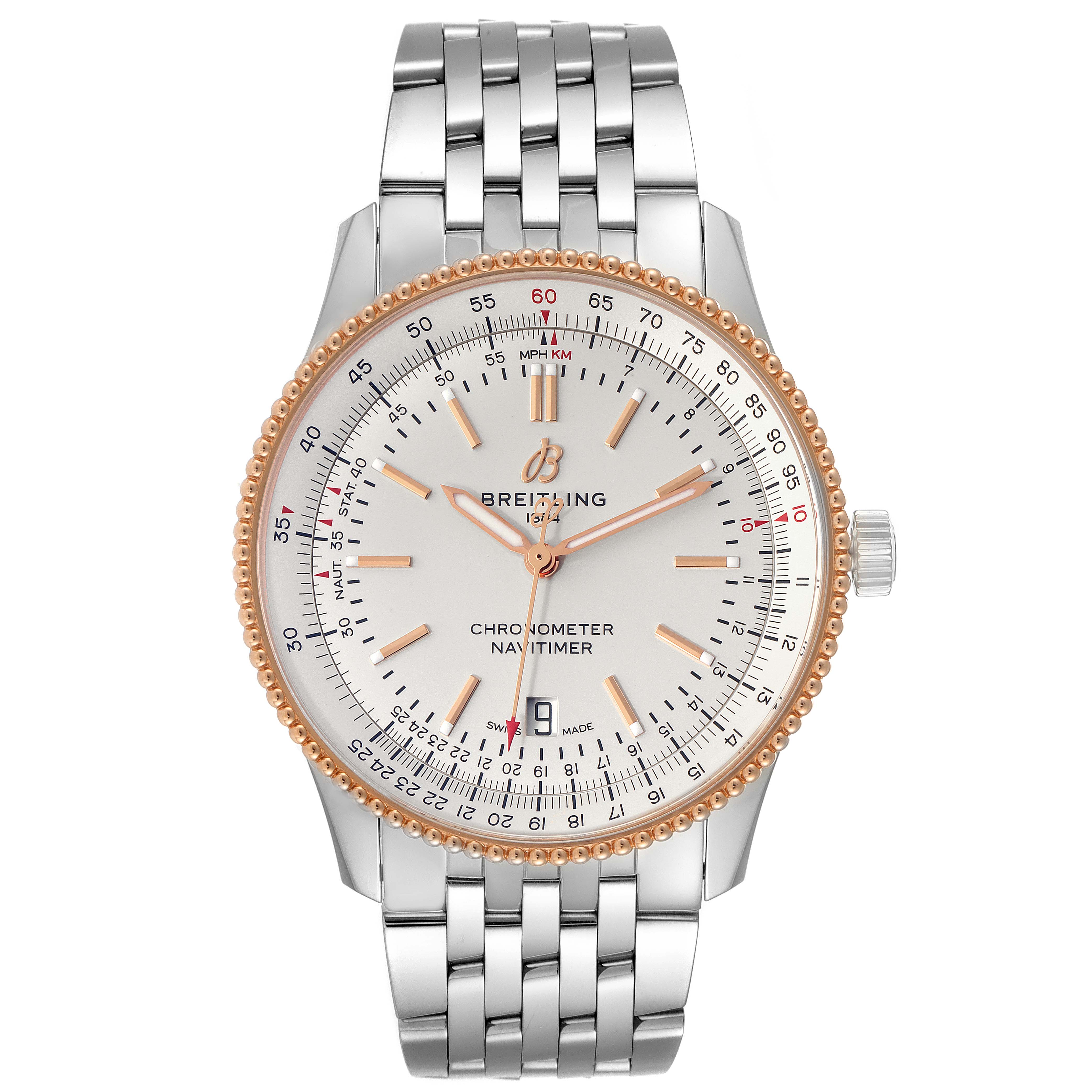 This image shows the Breitling Navitimer U17326 Men's Steel and Gold (two tone) Silver Dial U17326 Men's Steel and Gold (two tone) Silver Dial watch from a front-facing angle, displaying the dial, hands, and metal bracelet.