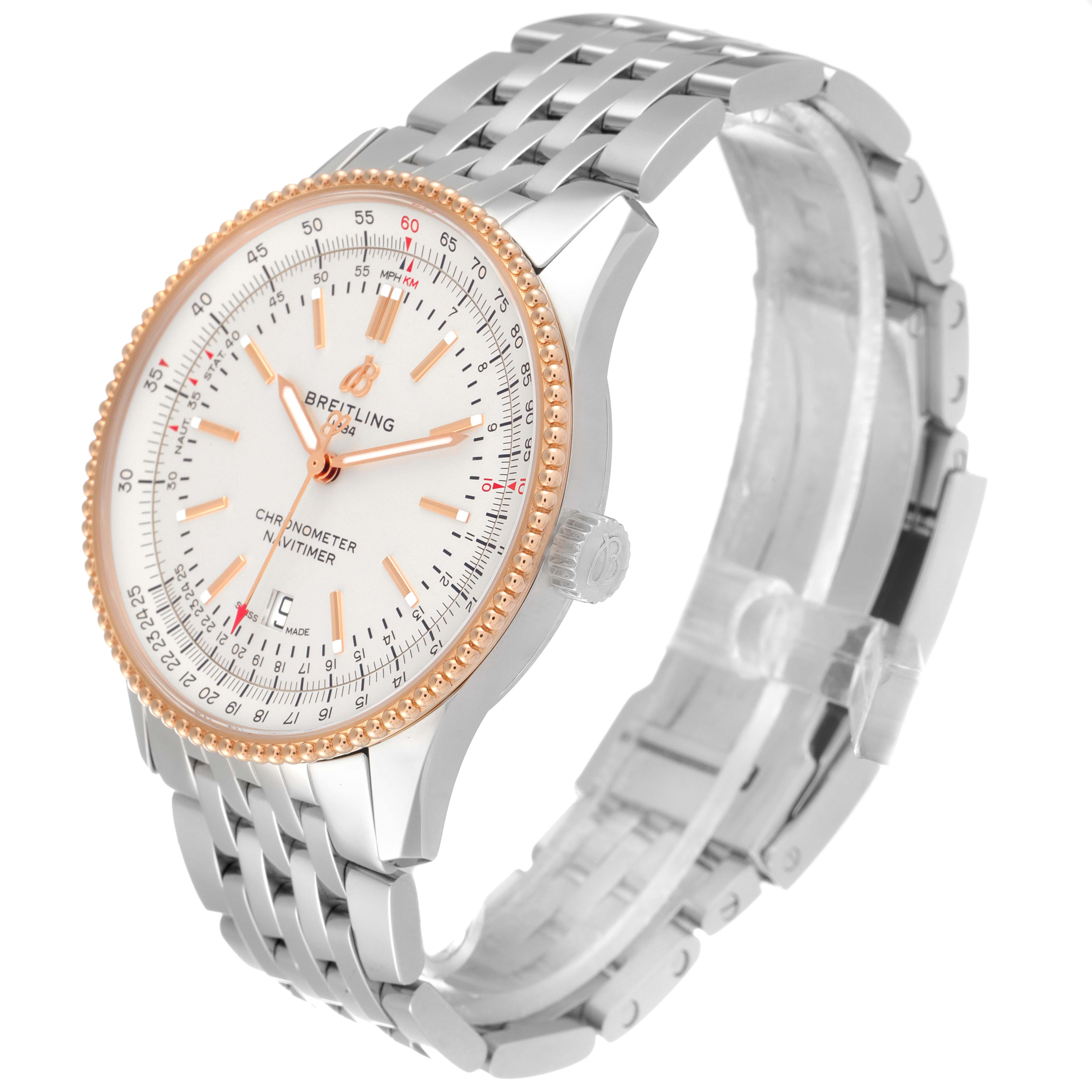 The Breitling Navitimer U17326 Men's Steel and Gold (two tone) Silver Dial U17326 Men's Steel and Gold (two tone) Silver Dial is shown at a slight angle, displaying the watch face, case, stainless steel bracelet, and crown.