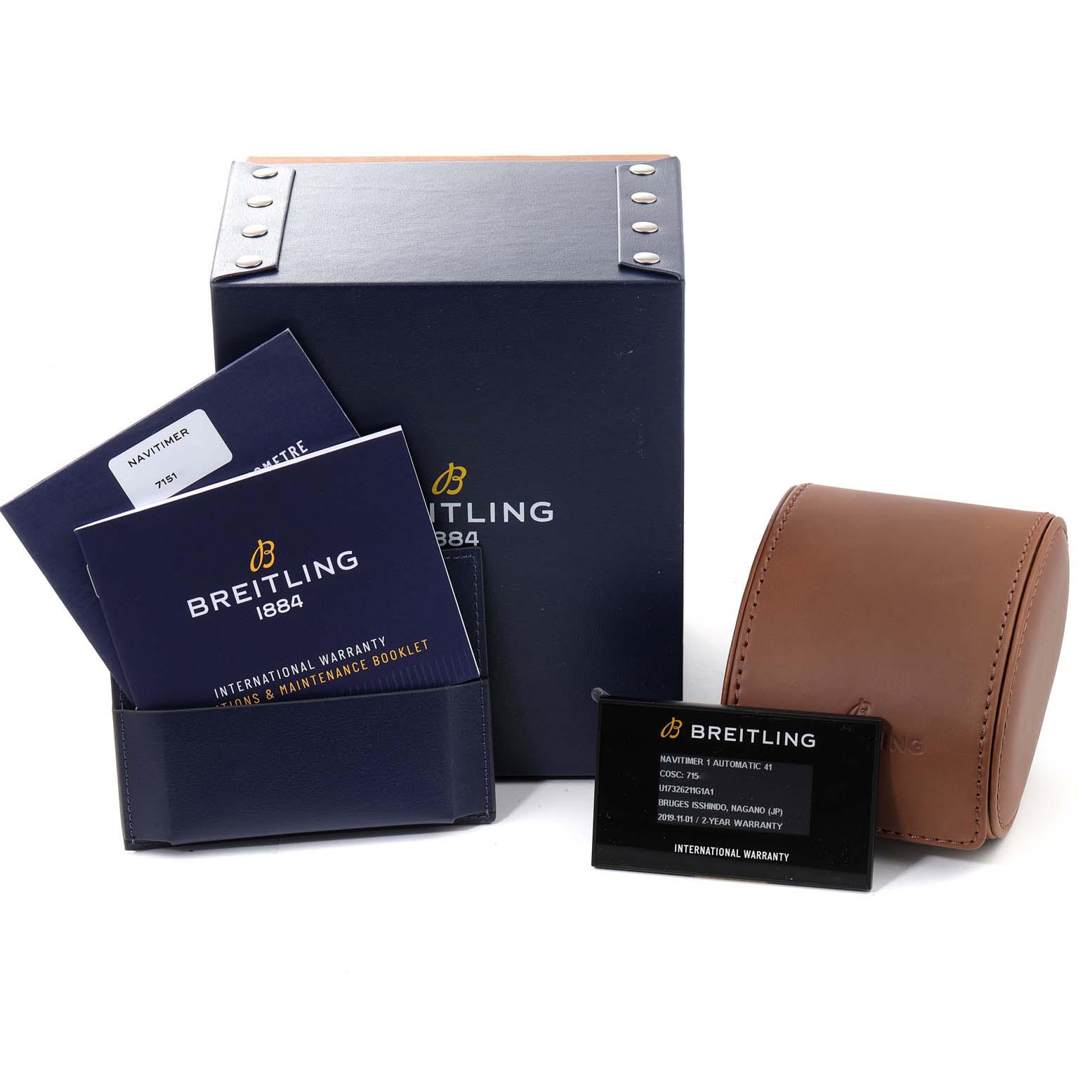 The image shows Breitling Navitimer U17326 Men's Steel and Gold (two tone) Silver Dial U17326 Men's Steel and Gold (two tone) Silver Dial watch packaging, warranty cards, booklets, and a brown watch case.