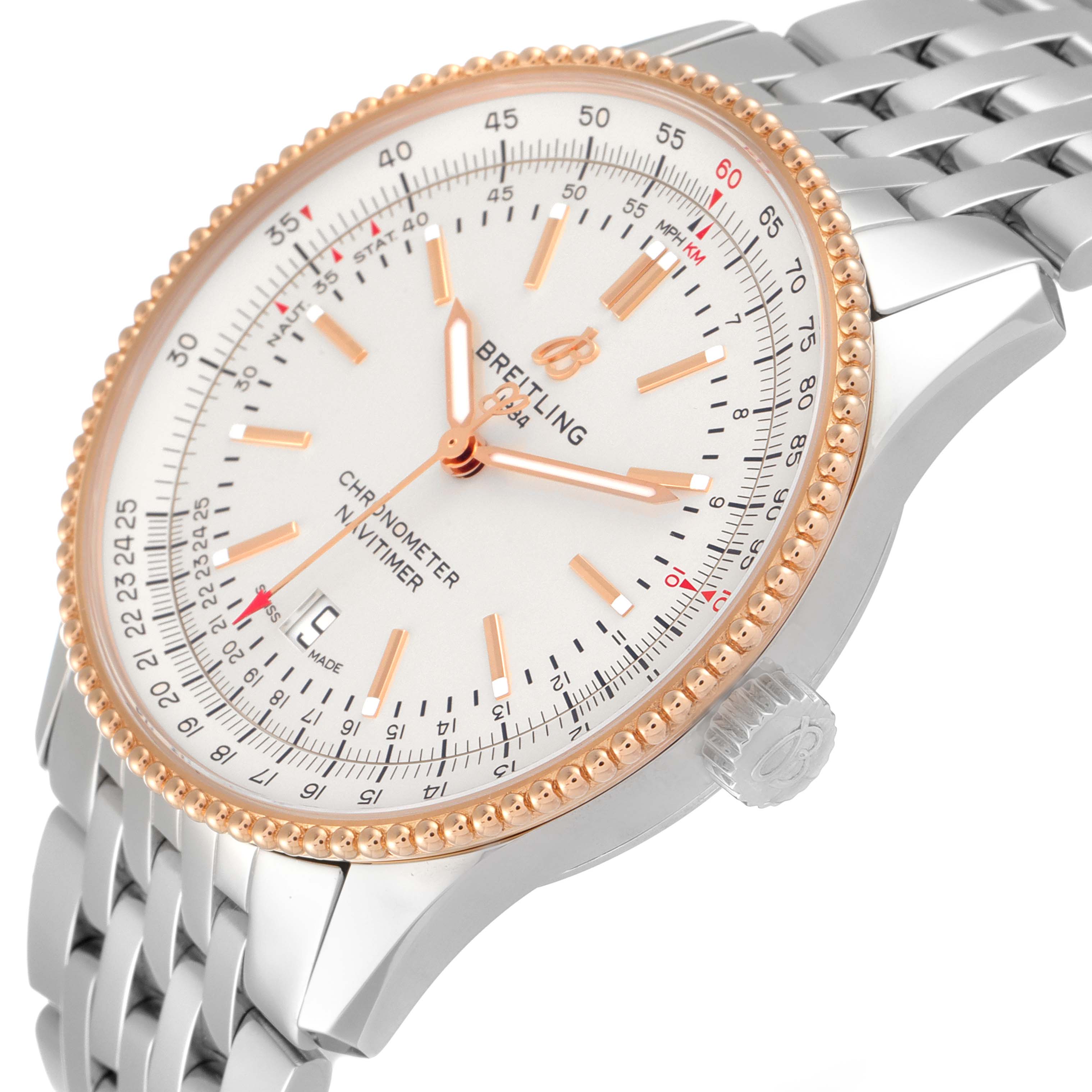 The image shows a Breitling Navitimer U17326 Men's Steel and Gold (two tone) Silver Dial U17326 Men's Steel and Gold (two tone) Silver Dial watch at a side angle, highlighting its face, bezel, and metal bracelet.