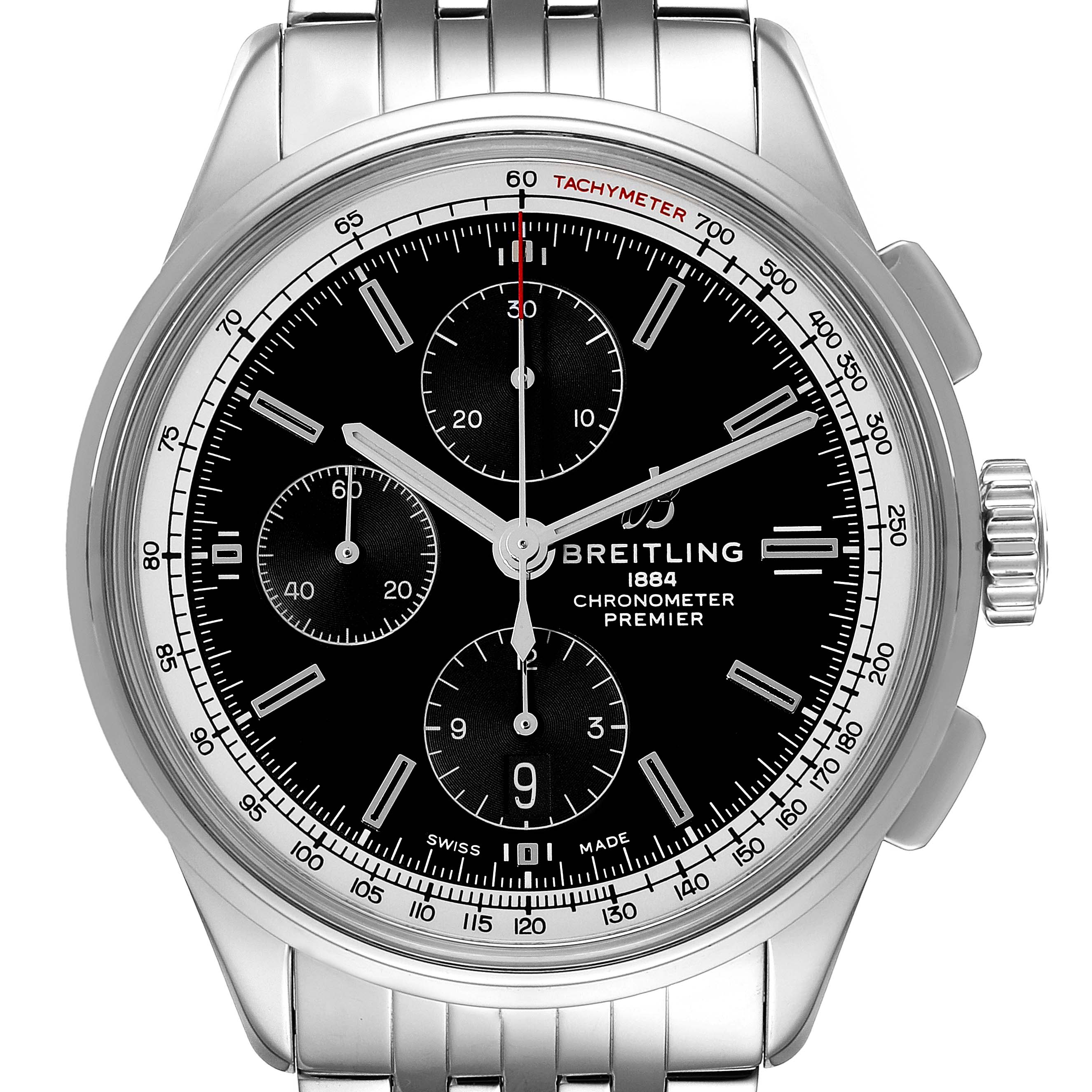 The image shows a front angle of the Breitling Premier A13315 Men's Stainless Steel Black Dial A13315 Men's Stainless Steel Black Dial watch, highlighting its black dial, chronograph subdials, and stainless steel bracelet.